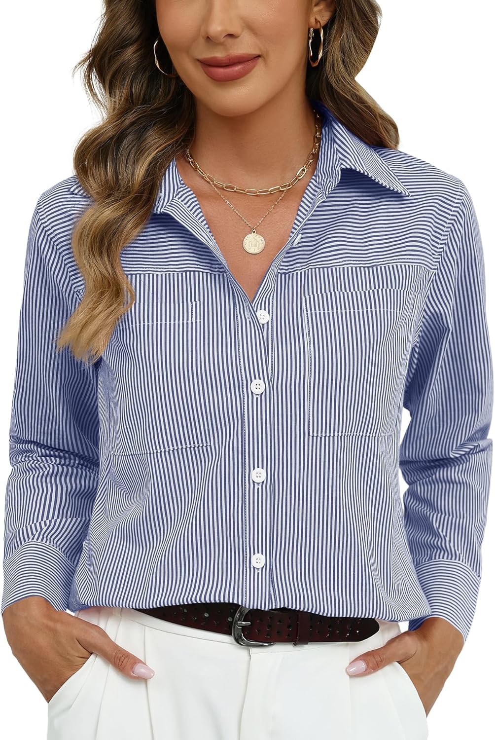 Kistore Womens Button Down Shirts Striped Linen Long Sleeve Blouses Business Casual Office Work Tops Loose Fit with Pockets - Image 2