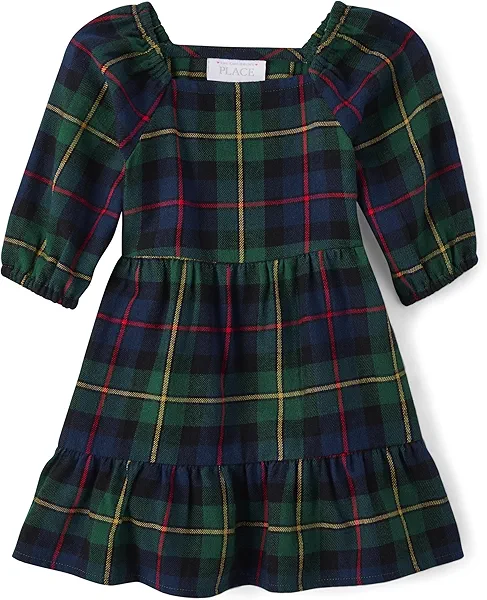 The Children's Place Baby Girls' Plaid Flannel Woven Tiered Dress