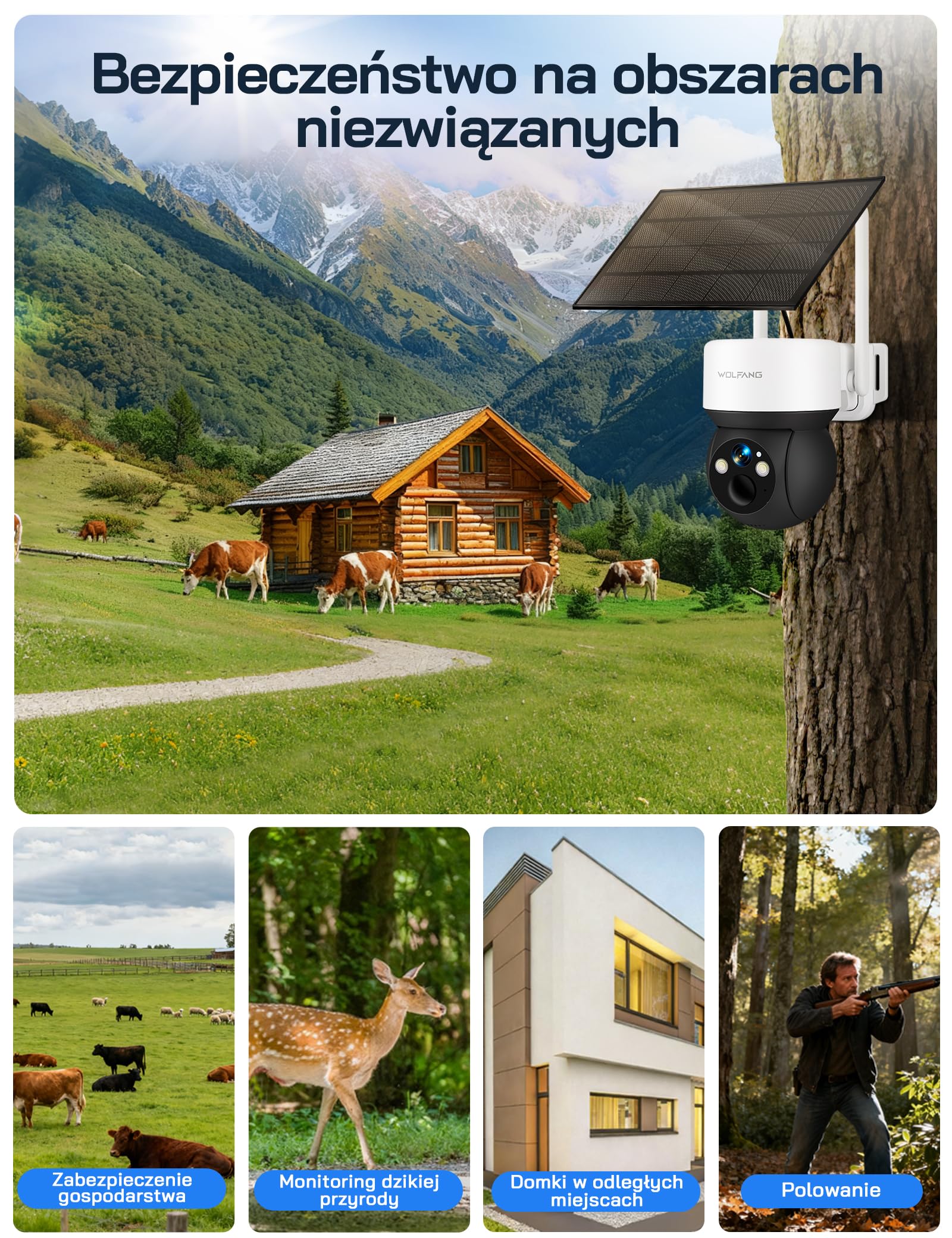 WOLFANG Kamera Łowiecka 4G LTE Solarna, Kamera Przyrodnicza 2K Live View, PTZ 355°/90°, Noktowizor, PIR, IP66, Kamera Bezpieczeństwa do Obserwacji Zwierząt