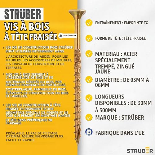 STRÜBER Lot de 200 vis à bois avec entraînement Torx (4,0 x 60 mm / 200 pièces) - Vis à tête fraisée pour constructions de toit - Vis universelles pour panneaux d'aggloméré - Jaune galvanisé - 2