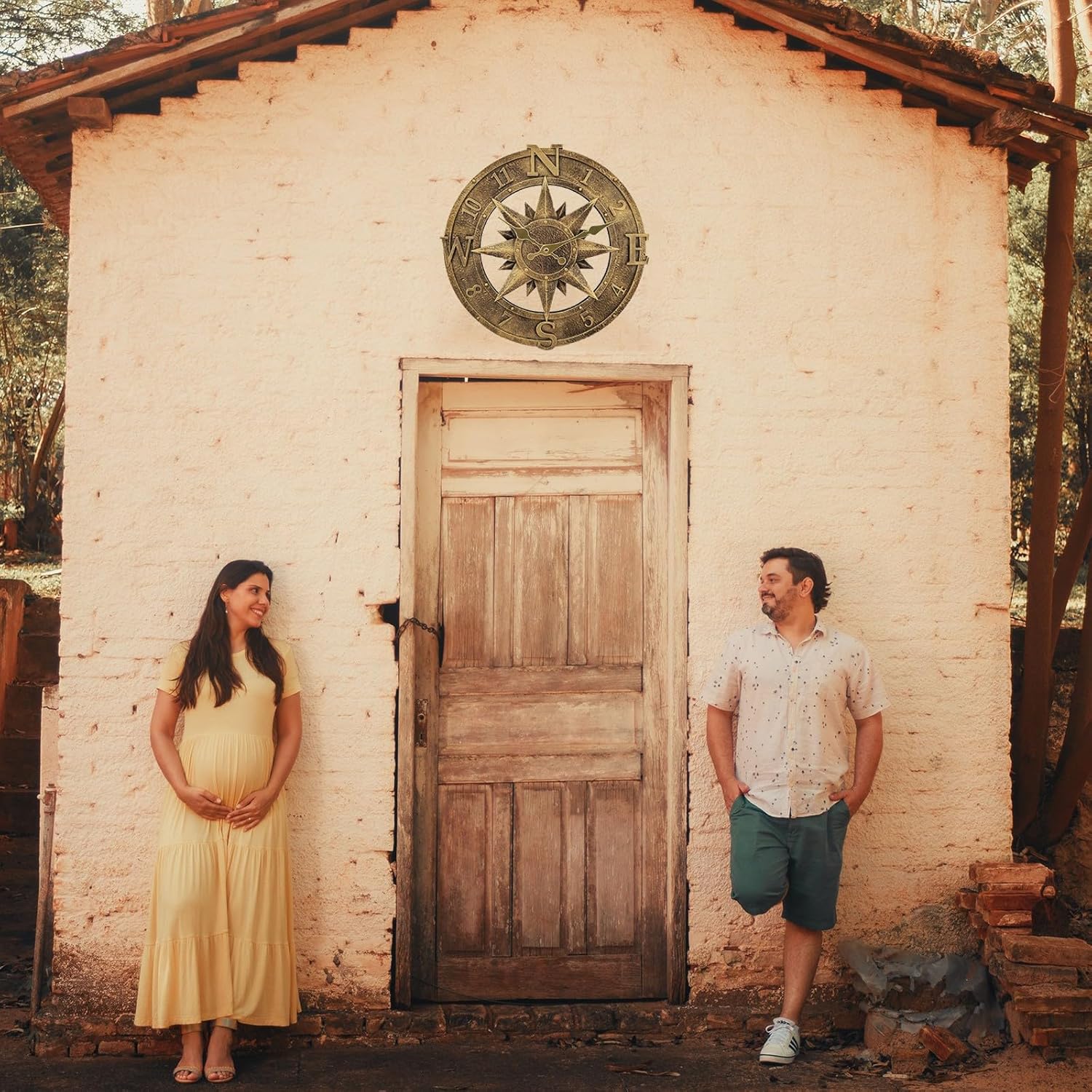 12 Inch Garden Wall Clock Nautical Compass Large Waterproof Wall Clock Decorative Retro Wall Clock Weather Vintage Resin Ornaments for Garden Patio Pool Kitchen Bathroom Home Decor(Gold)