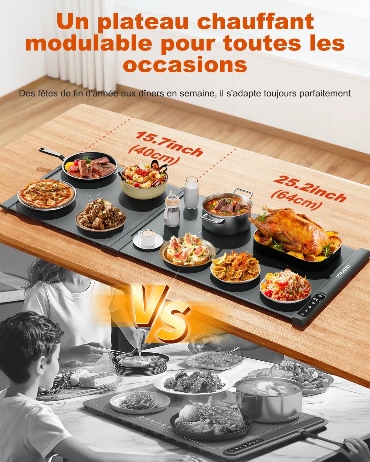 Tapis chauffant XXL pour comptoir 106,7 x 40,6 cm – Plateau chauffant électrique extra large pour buffets, fêtes et repas de famille – 2 pièces enroulables extensibles pour un chauffage rapide sur