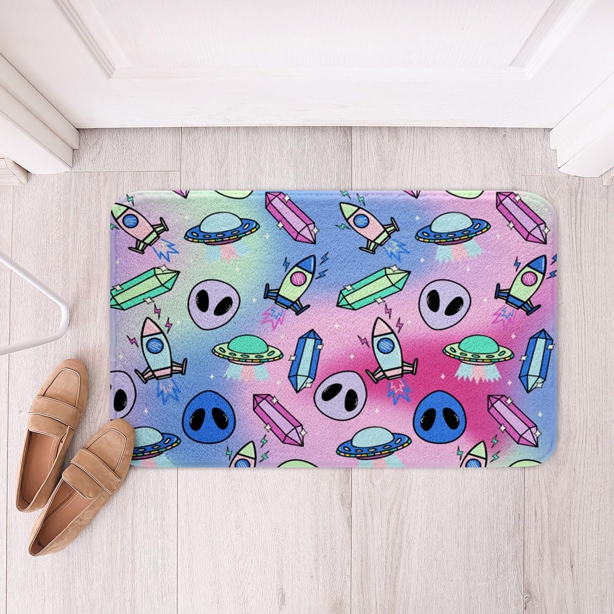 Cartoon Alien Bathroom Rugs,Outer Space UFO Non Slip Bath Mat Spacecraft Rocket Bathroom Indoor Floor Mats,Watercolor Shaggy Absorbent Bathtub Decor Rug,16"x24"