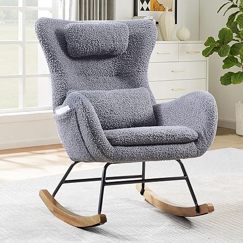 NIOIIKIT Mecedora para guardería, mecedora tapizada de peluche con reposacabezas y almohada lumbar, respaldo alto con bolsillo lateral, cómodo disponible en Yaxa Peru