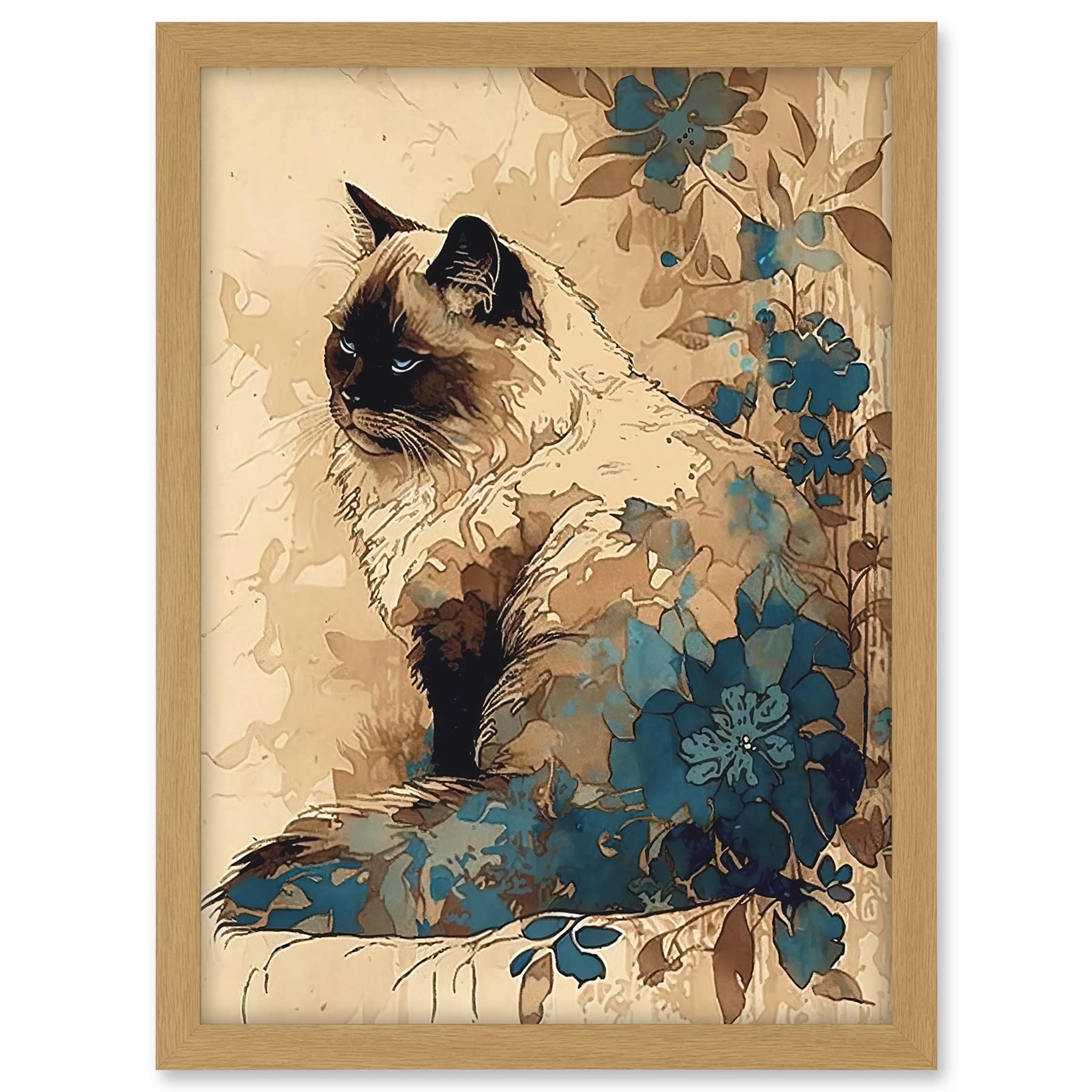 Artery8 Ragdoll Cat with Floral Patterns Watercolour Illustration Artwork Framed A3 Wall Art Print