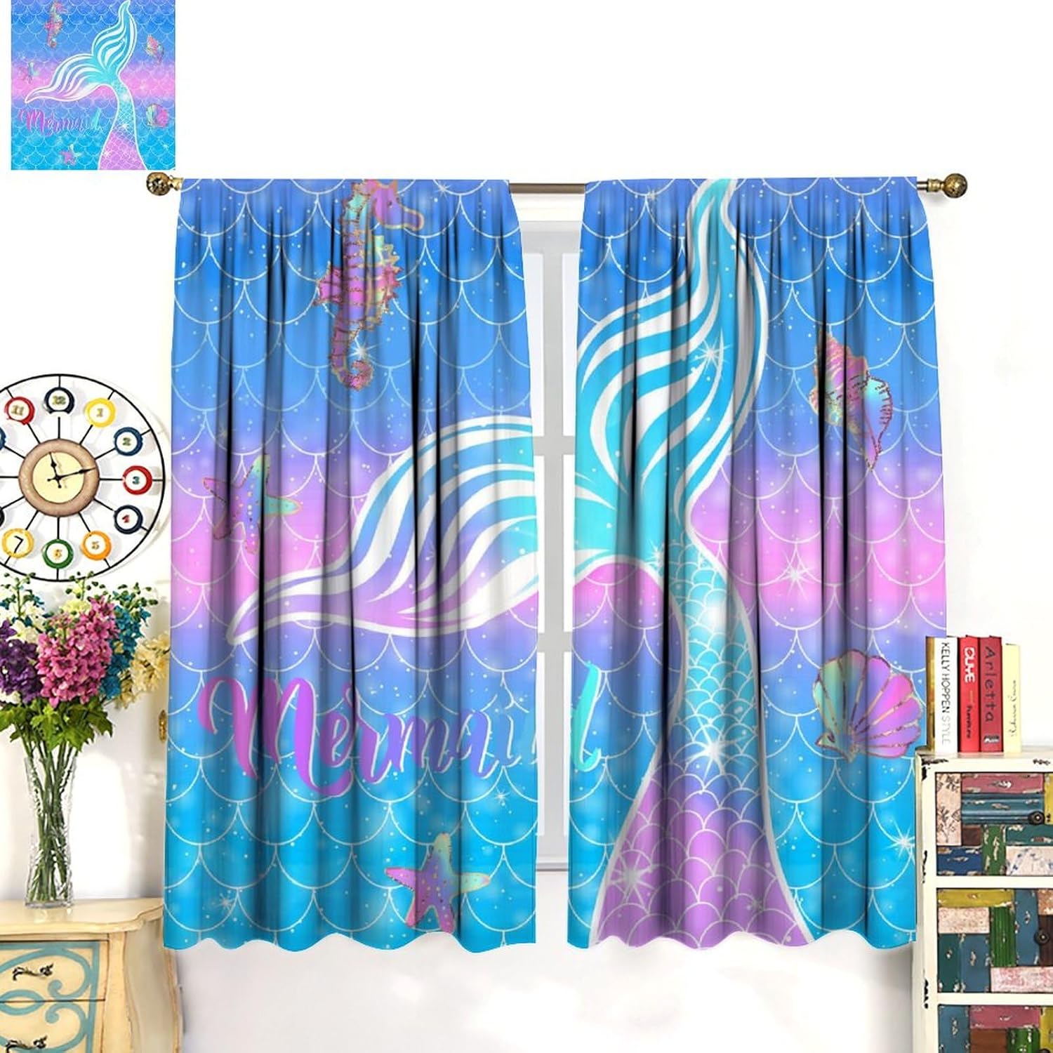 Mermaid Curtains for Girls Bedroom Decor Rainbow Mermaid Tail Fish Scale Fantasy Ocean Theme Art Printed Blackout Window Drapes Fabric Set 2 Panel 42x54 Inch 80% Shading Rate