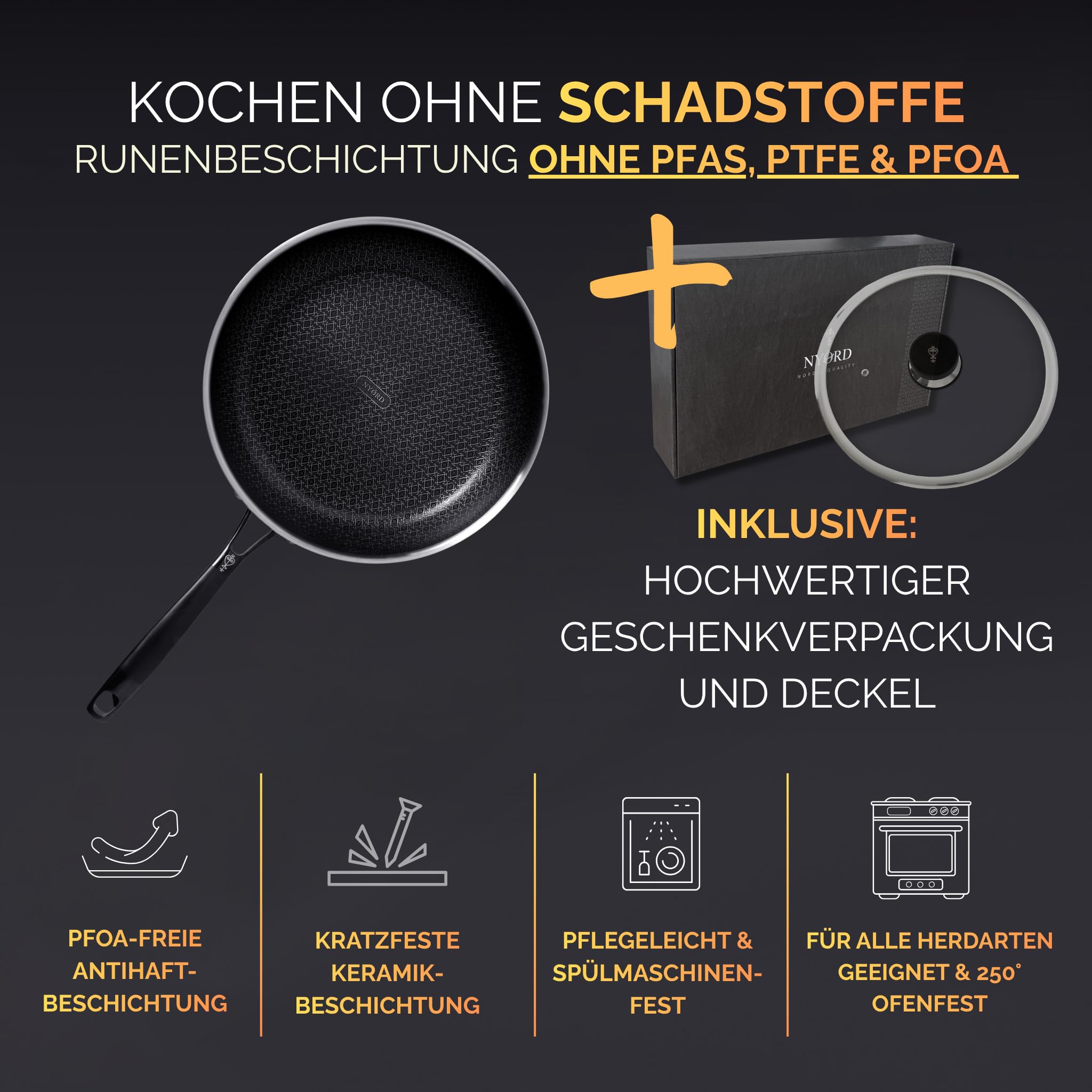 NYORD Edelstahlpfanne - Antihaft, Kratzfest, Pfanne Wabenstruktur, Spülmaschinenfest, Hybrid Bratpfanne, Keramik Beschichtung, PTFE & PFOA frei, Ofenfest, für Induktion, Gas & Ceran, mit Deckel - 28cm