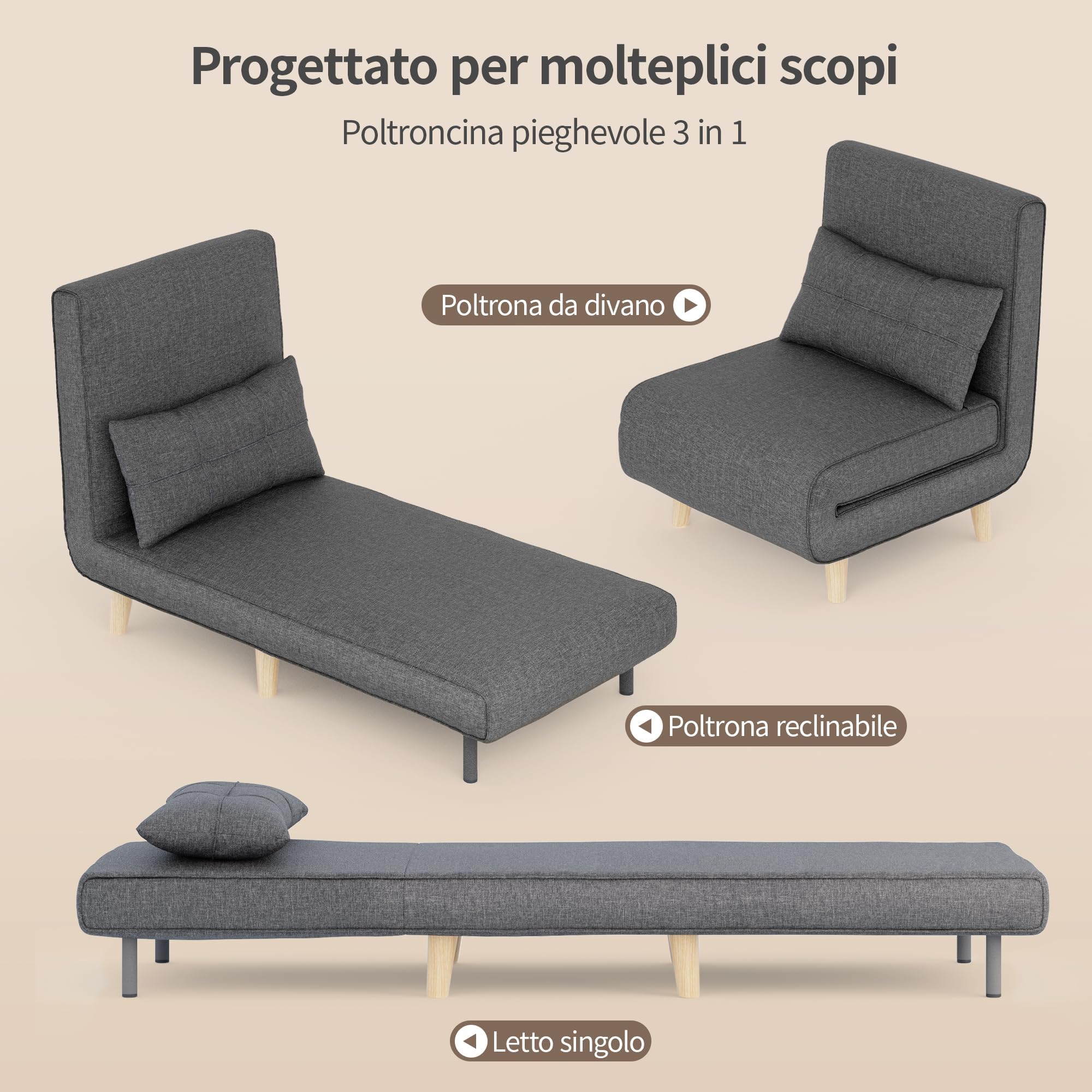Bealife Pufa z łóżkiem pojedynczym, Relax Lounger, Fotel łóżko z regulowanym oparciem, Fotel relaksacyjny do salonu, sypialni
