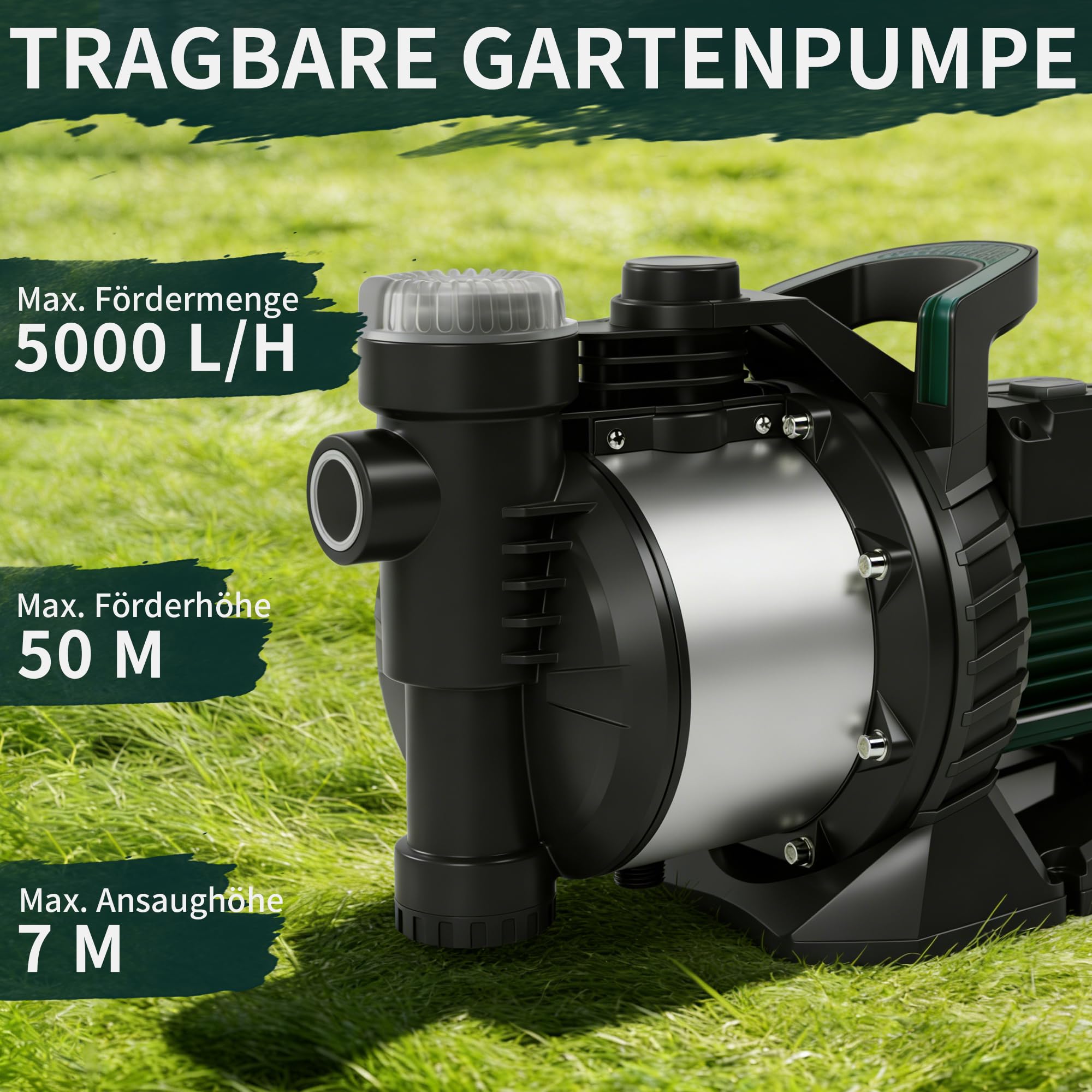 LANCHEZ Gartenpumpe 5000 l/h Fördermenge, Leistung 1300 W, Förderhöhe 50 m, Mit Filter, Wasseranschluss und Ablass, Ansaughöhe bis zu 7 m, Wasserpumpe für Regenfässer, Zisternen, Gartenteiche