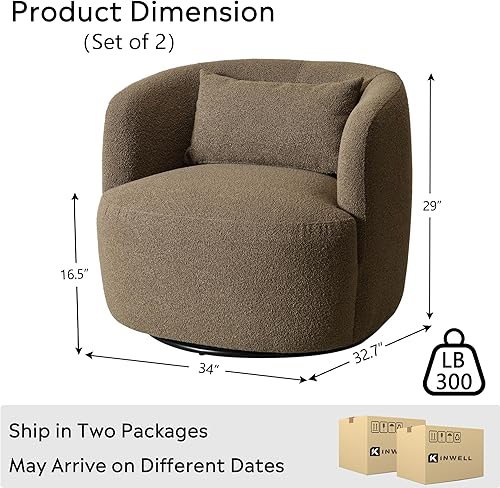 Miniatura 83 de KINWELL Juego de 2 sillas giratorias de barril Boucle de 34 pulgadas de ancho, sin montaje, sillones tapizados redondos, sillas decorativas, sofá