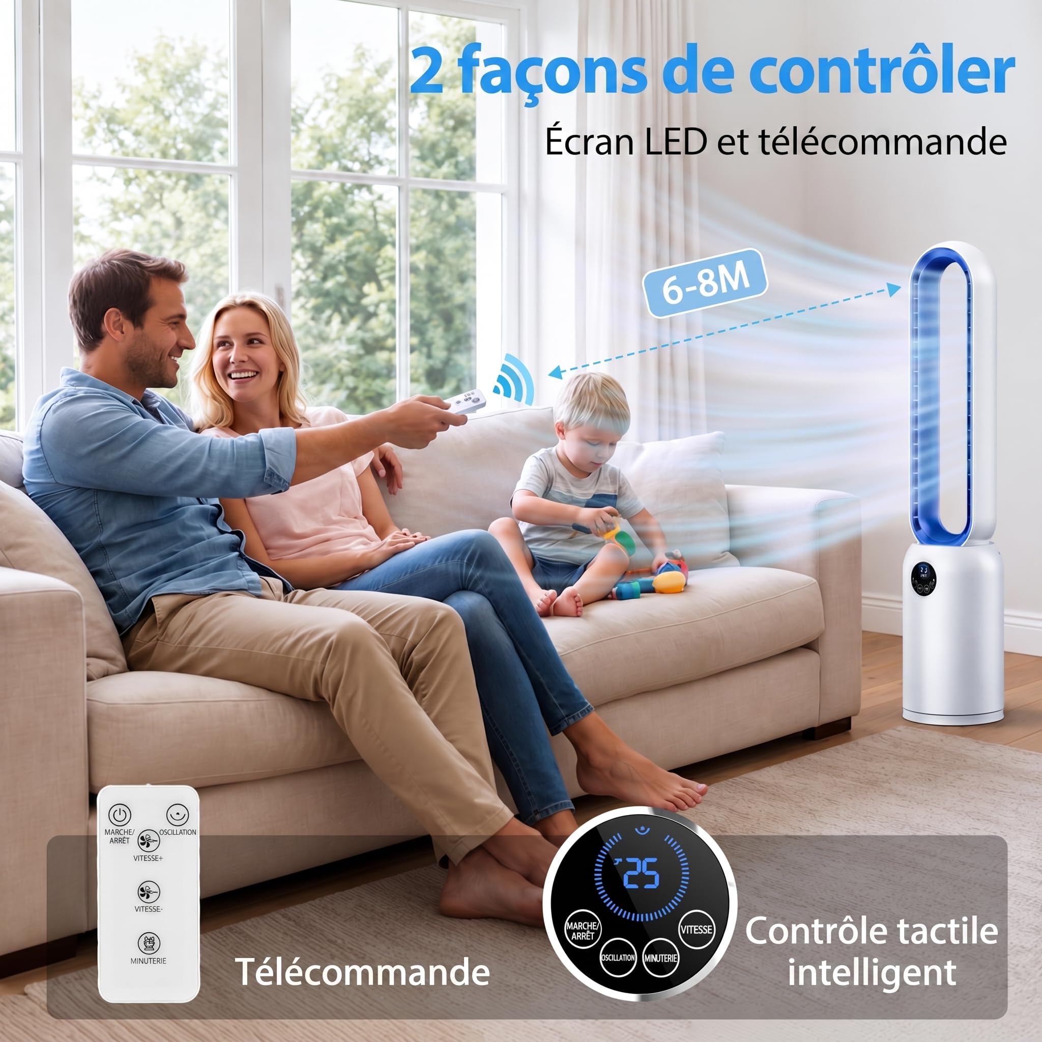 Ventilateur Sans Pale Silencieux, 24 Vitesses Ventilateur Colonne avec Purification par Ions Négatifs, Ventilateur sur Pied Oscillation à 90°, Écran LCD, Minuterie 12H, Pour Chambre à Coucher