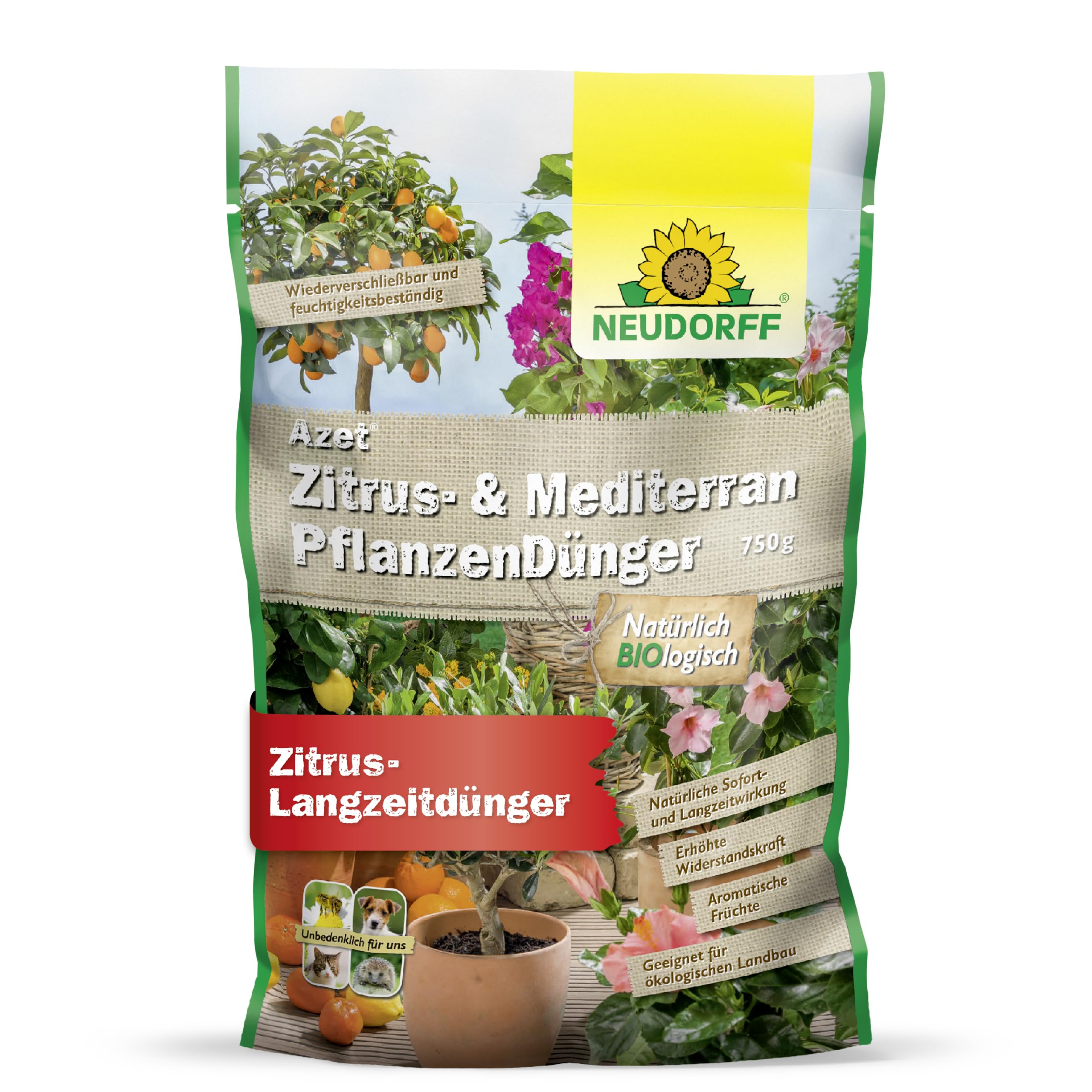 Neudorff Azet Zitrus- & MediterranpflanzenDünger – Bio Langzeitdünger mit Mykorrhiza fördert aromatische Früchte wie Zitronen, Orangen und Oliven, 750 g