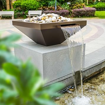 PONDO 24" Square Garden Water Bowl, Stainless Steel Spilling Water Feature for Outdoor Ponds, and Other Landscaped Areas Antique Brown Coated
