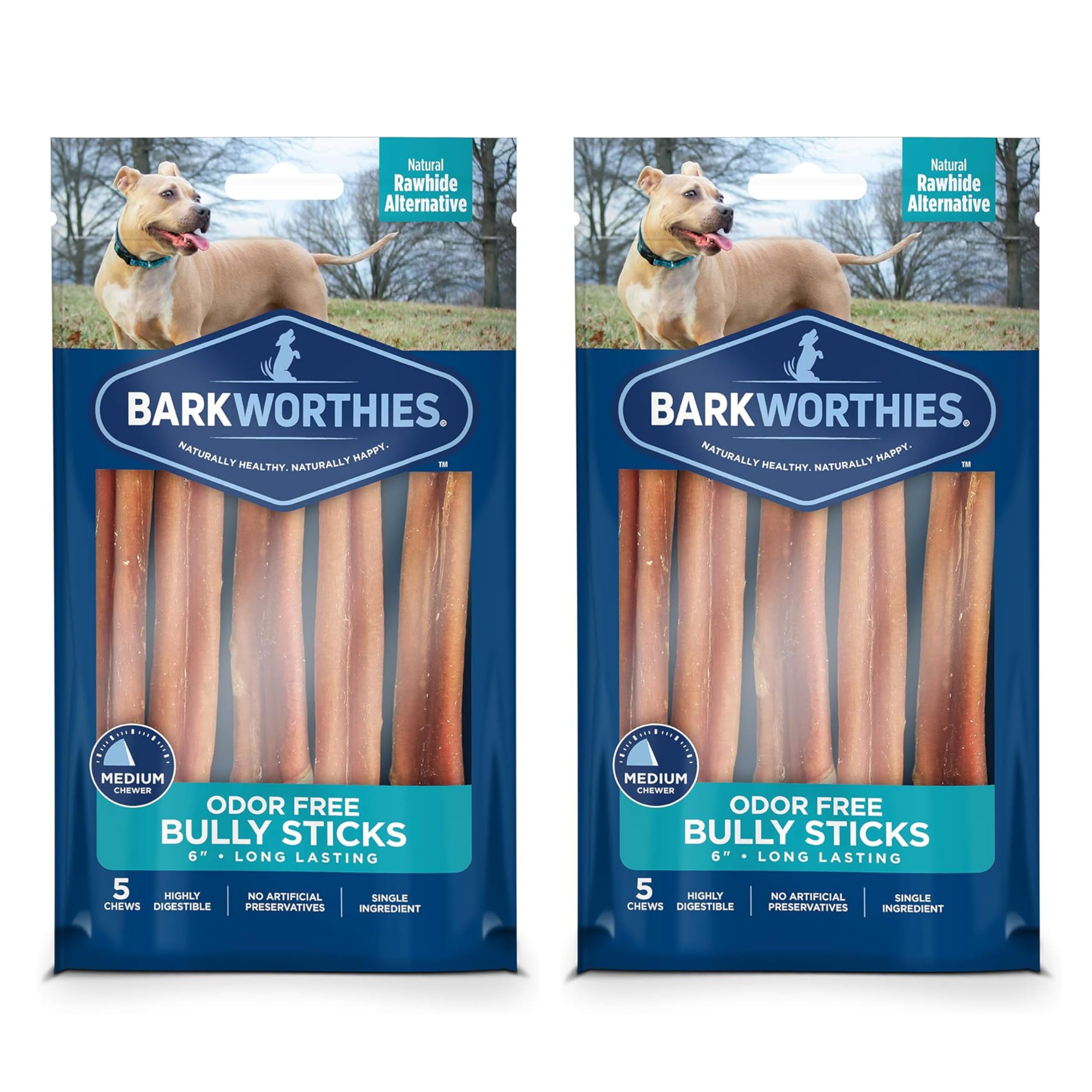 Barkworthies Odor Free Bully Sticks - 2 Pack (5 ct 6 inch) Premium Long Lasting, Protein-Packed, Grain Free Dog Treats and Dog Chews for Aggressive Chewers - Promotes Healthy Teeth for Dogs