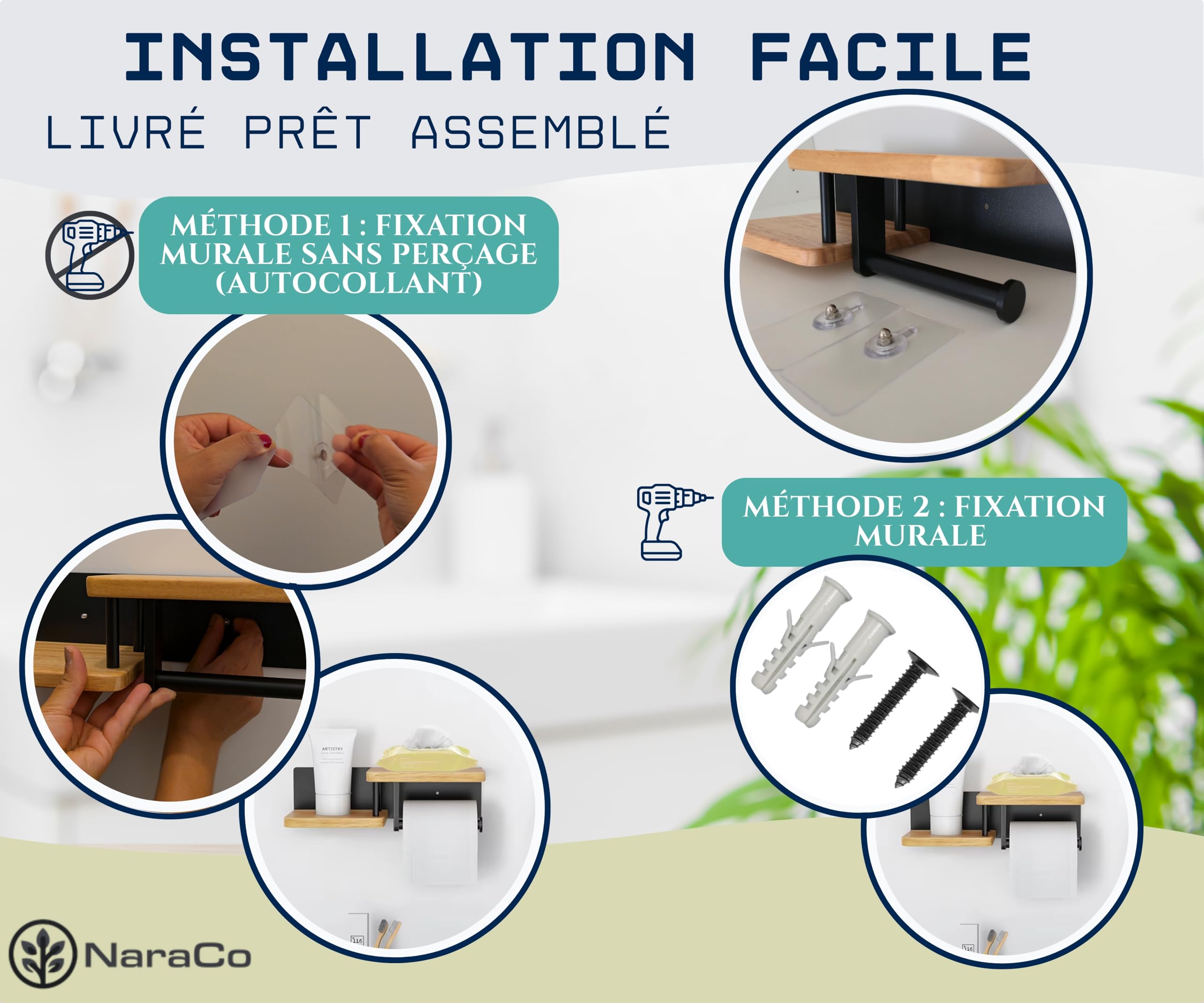 Porte Papier Toilette Mural de qualité supérieure en Bois de chêne Véritable et Acier Inoxydable | [sans Perçage] | Design Moderne | Déja Assemblé | Dérouleur WC avec Doubles Étagères