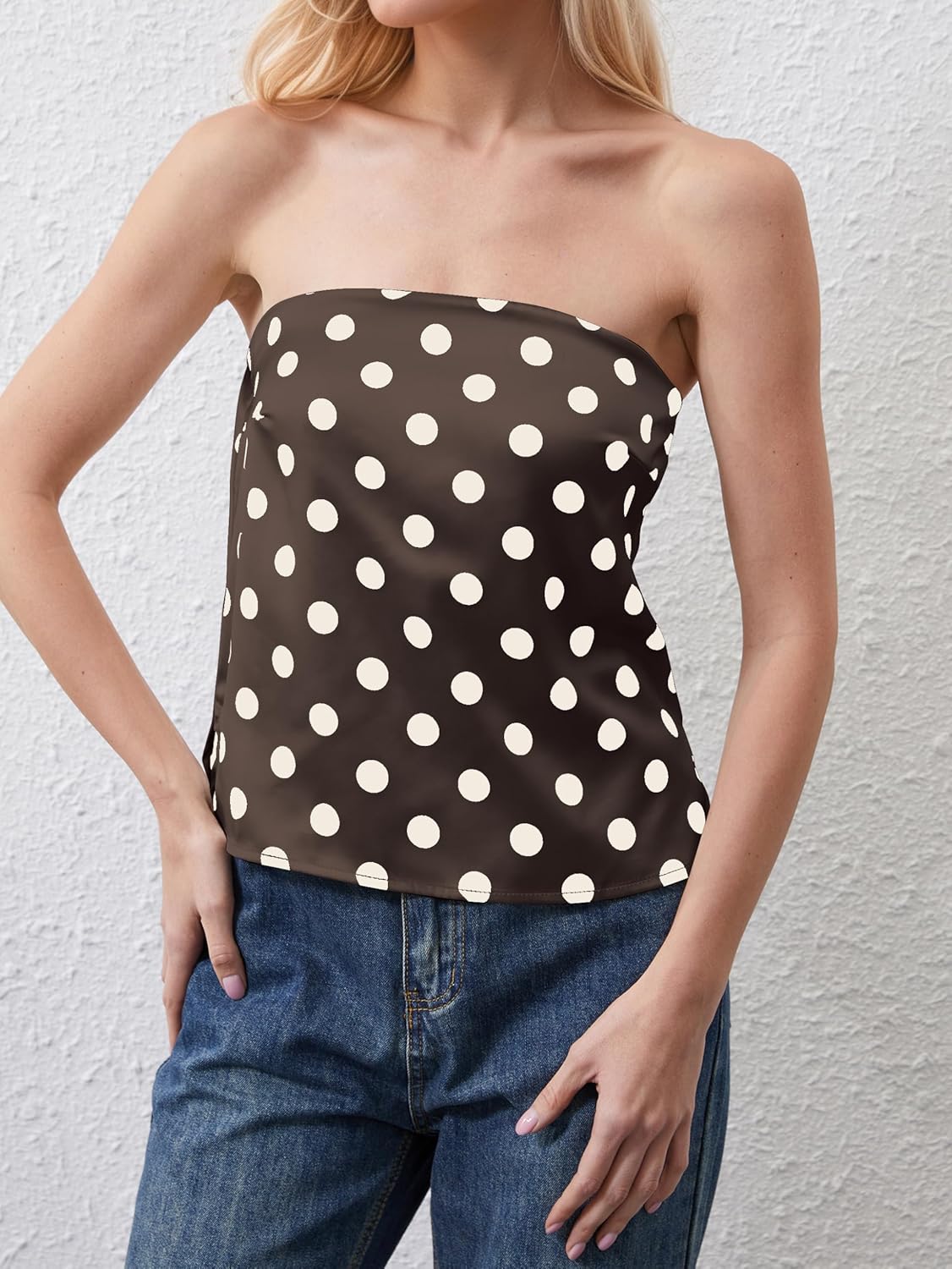 Womens Polka Dots Strapless Satin Tube Tops Casual Cute Off Shoulder Shirts Sleeveless Bandeau Tops Y2k Summer Silk Tank Tops - Image 2
