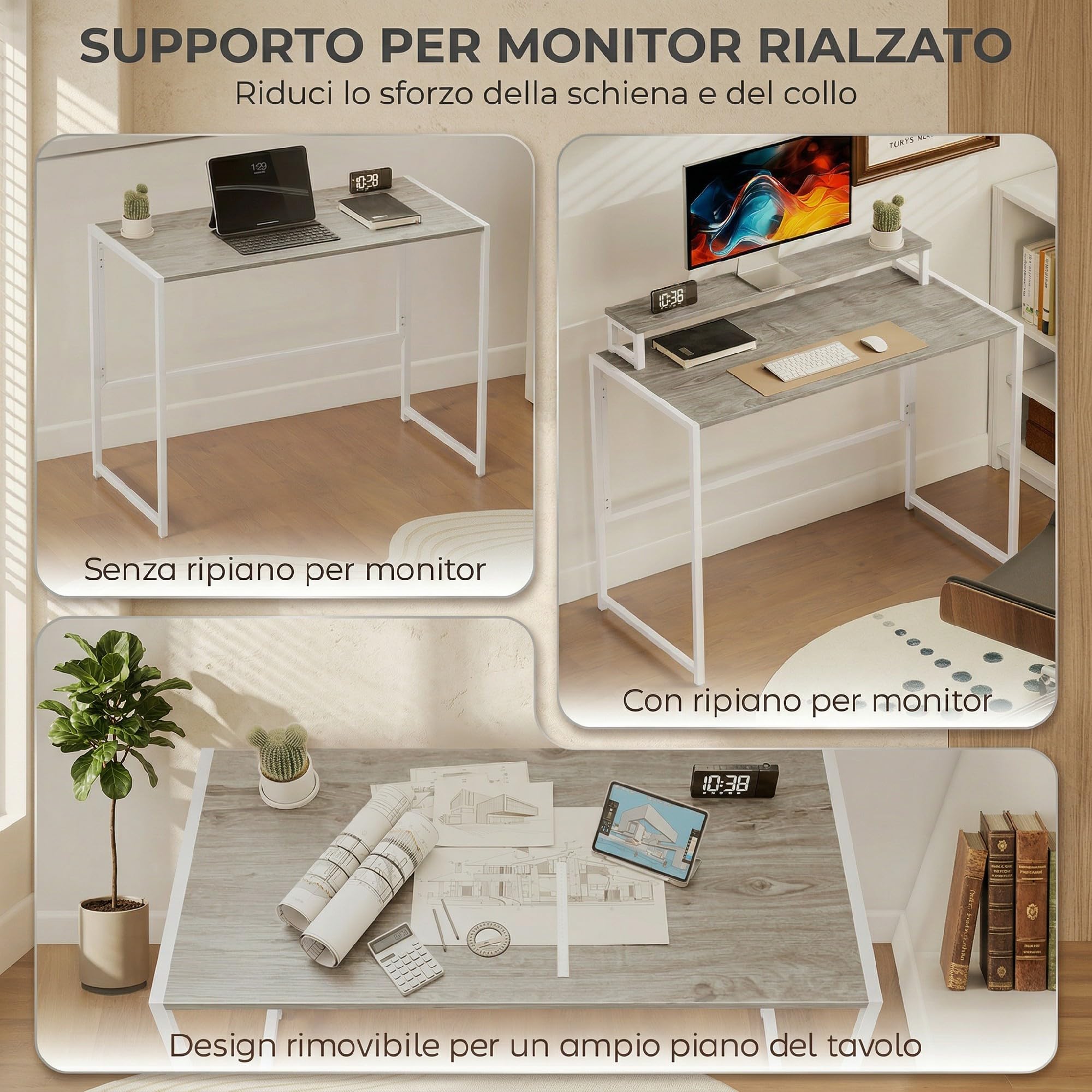 HOMCOM Scrivania Salvaspazio Pieghevole con Stand Monitor Rimovibile, Scrivania Piccola Portatile 100x48x87.5 cm Tavolo Computer Richiudibile per Casa Studio Ufficio, Color Legno