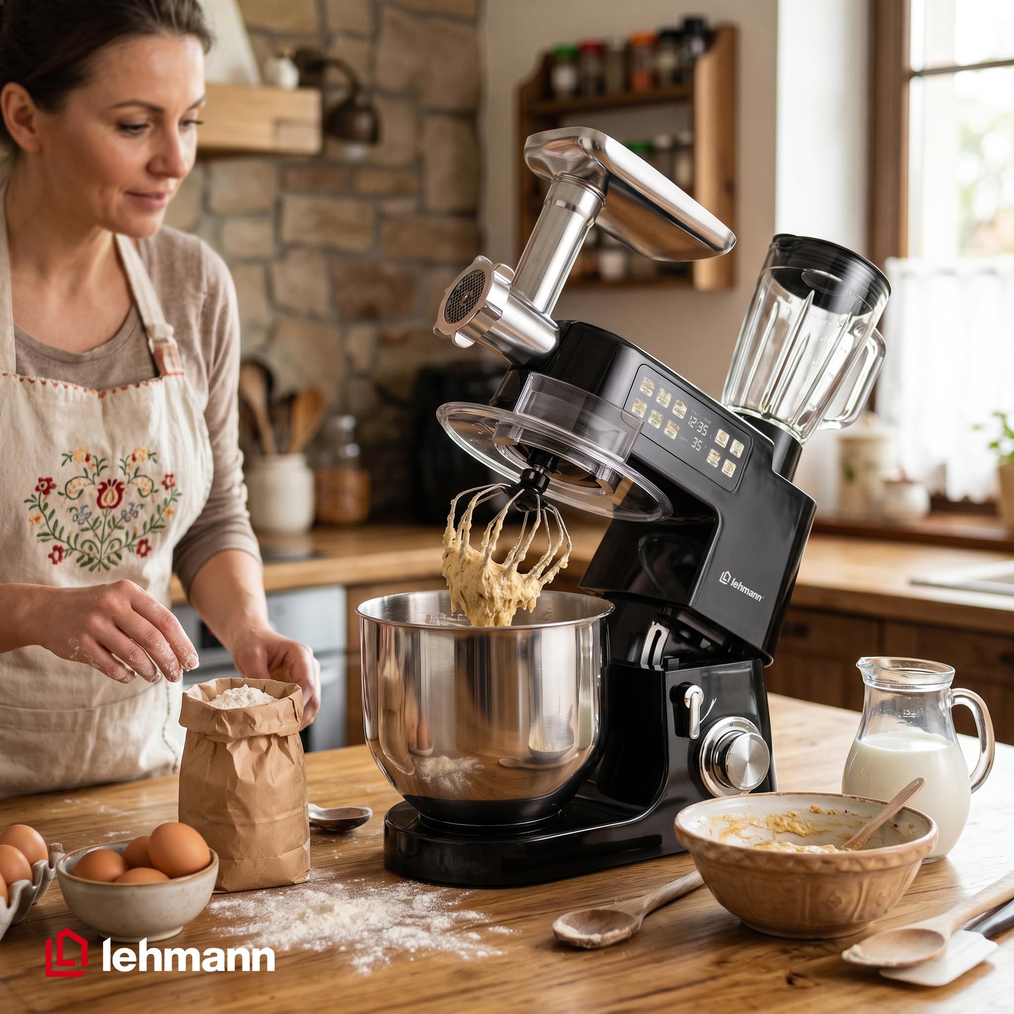 LEHMANN Teyles Robot Pâtissier Professionnel Multifonction 2100W 8L avec Balance Intégrée et Bol Chauffant, Pétrin à Pain et Pizza, Blender Verre 1,5L, Hachoir à Viande, Noir