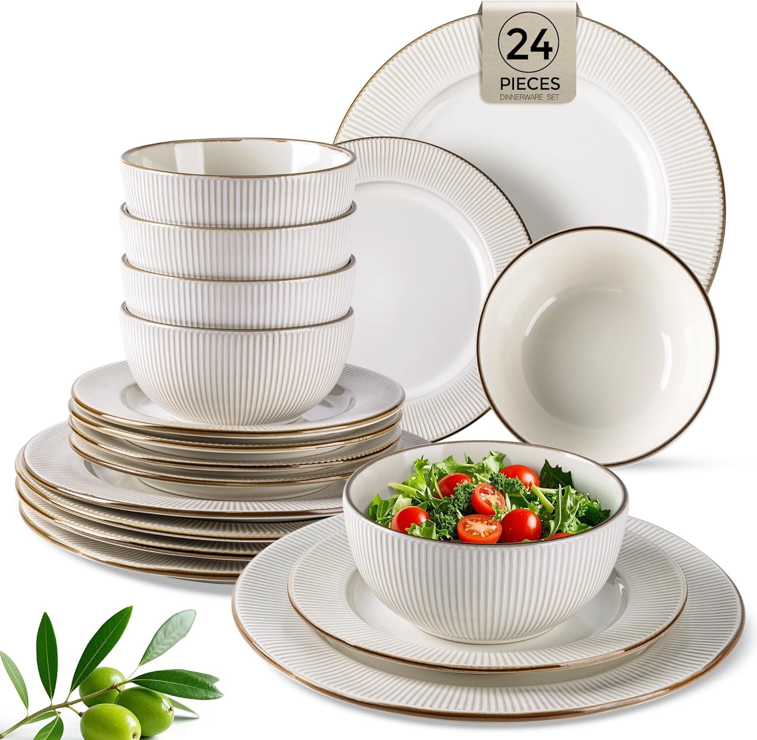 GBHOME Ceramic Dinnerware Sets, 24 pcs Embossed Elegant Stoneware Plates and Bowls Sets, Housewarming Wedding Gift | Dishwasher & Microwave Safe | Dishes Set Service for 8 Off-White Service for 8 (24 pcs)