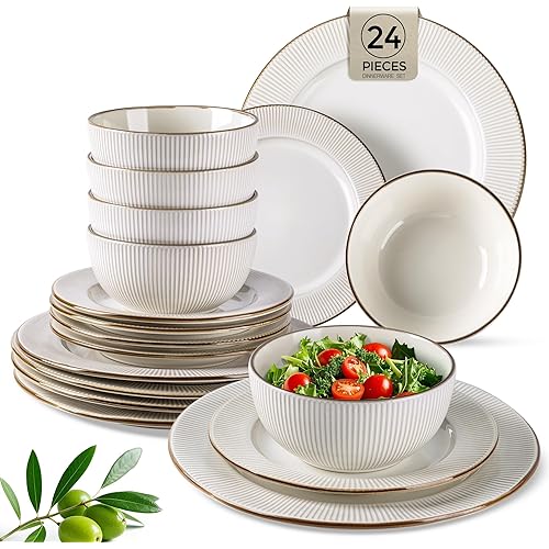 GBHOME Ceramic Dinnerware Sets, 24 pcs Embossed Elegant Stoneware Plates and Bowls Sets, Housewarming Wedding Gift | Dishwasher & Microwave Safe | Dishes Set Service for 8