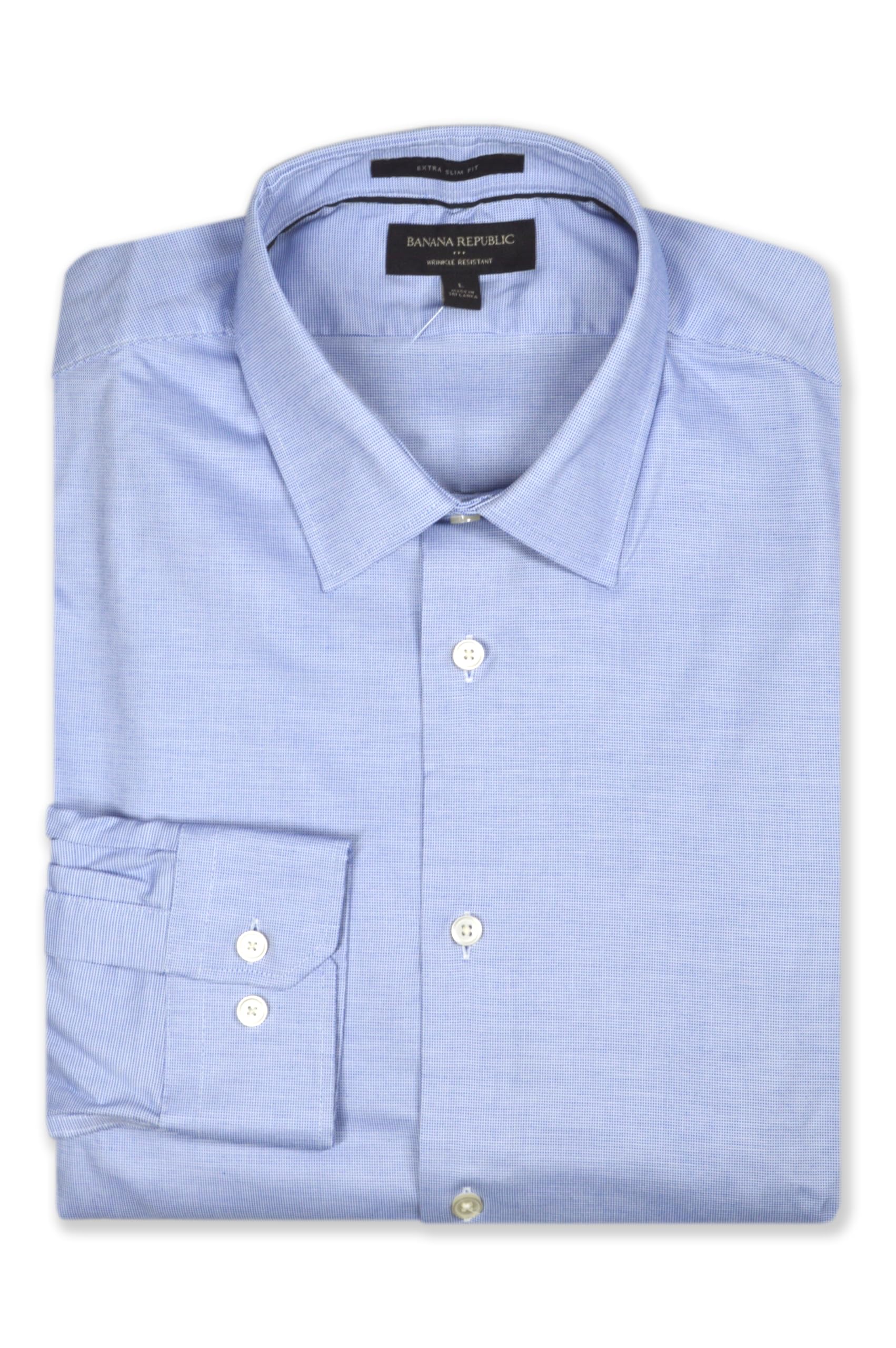 Banana Republic Mens 801196 Extra Slim Fit All Cotton Non Iron Button Down Dress Shirt, (US, Alpha, Large, Regular, Regular, Textured Blue)