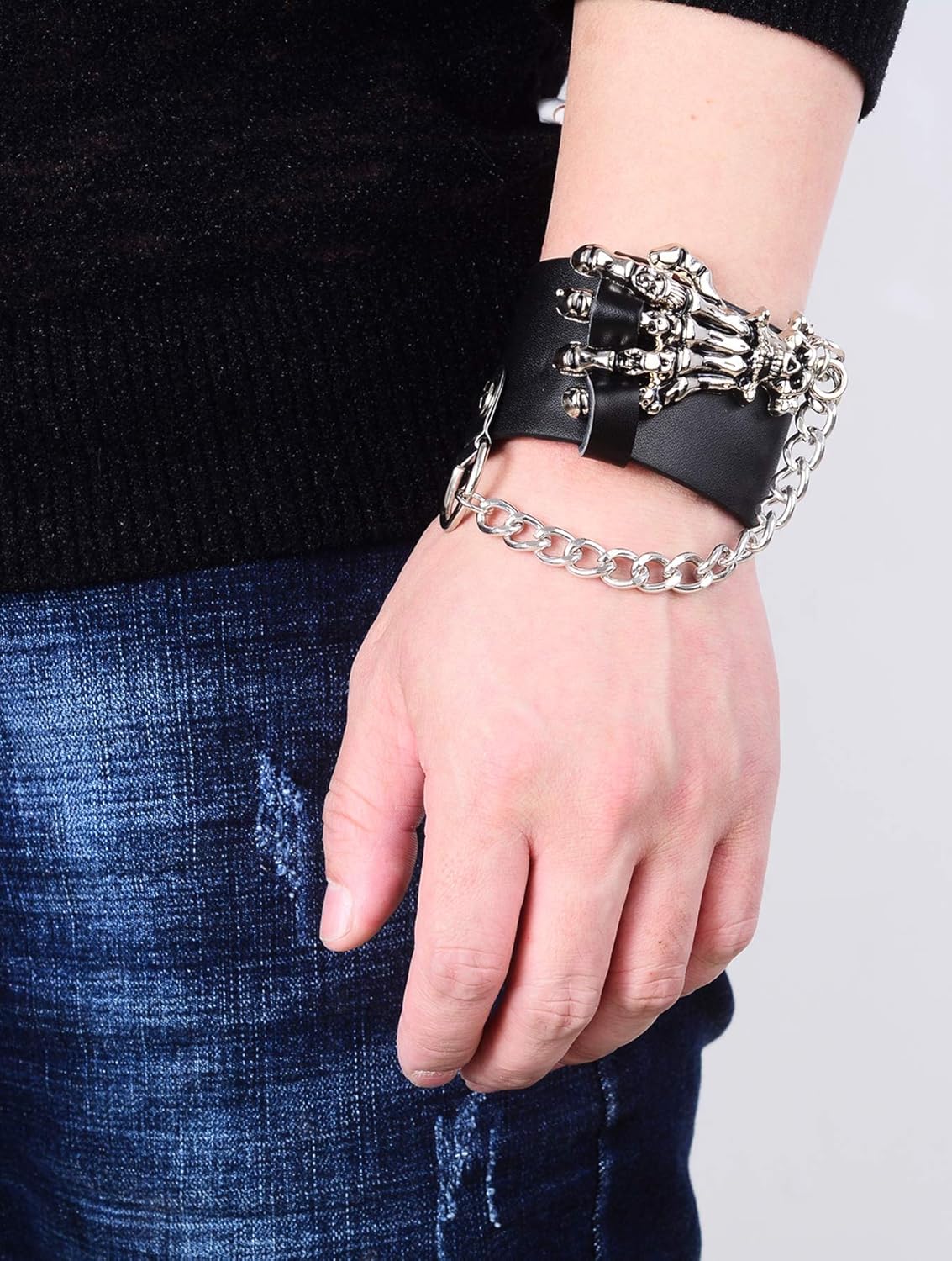 Tornito 4-6Pcs Spike Studded Rivet Skull Demon Black Punk Rock Gothic Biker Wide Strap Leather Bracelet Chain Cuff Bangle Wristband Adjustable for Men Women - Image 3