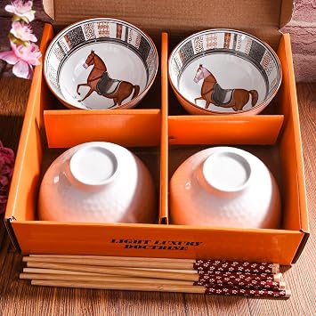 Ceramic Rice Bowl with Chopsticks Set of 4, 4.5 Inch Porcelain Sushi Bowls