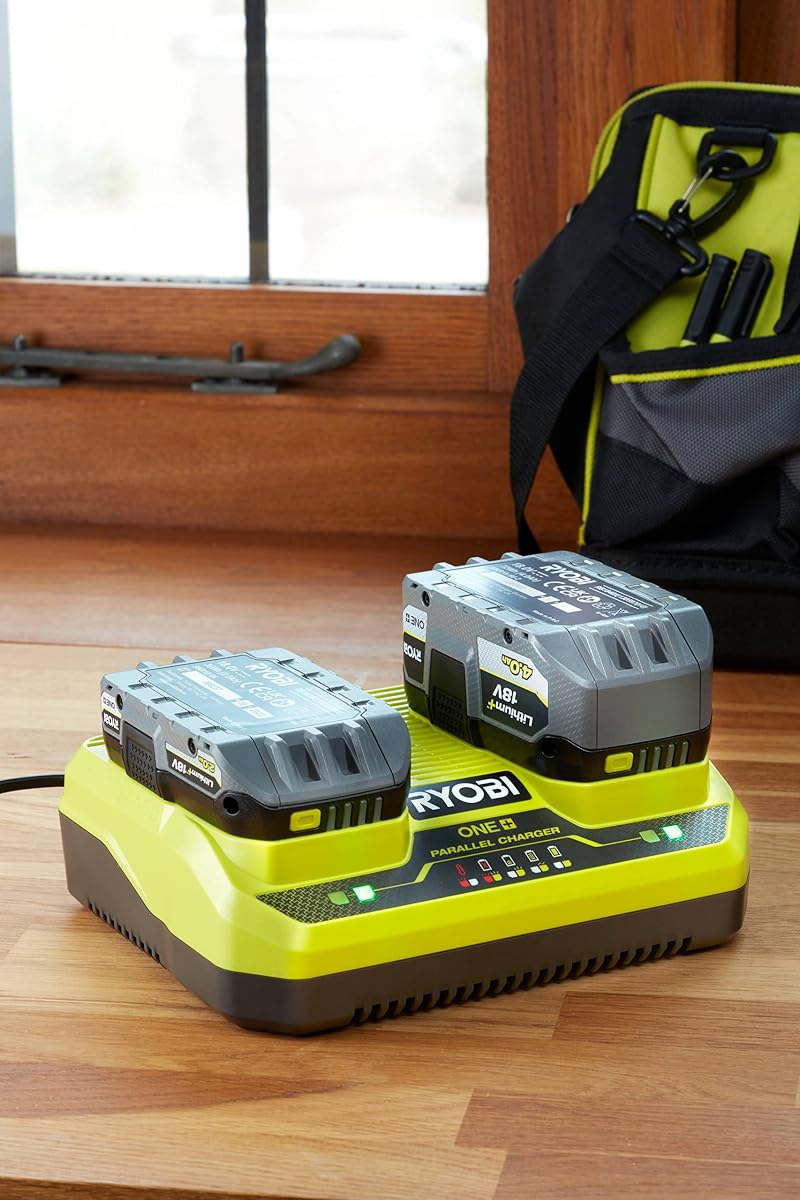 Ryobi Ładowarka 18V, RC18240, 2 Porty do Ładowania, Kompatybilna z Wszystkimi Akumulatorami Serii Ryobi One + 18V