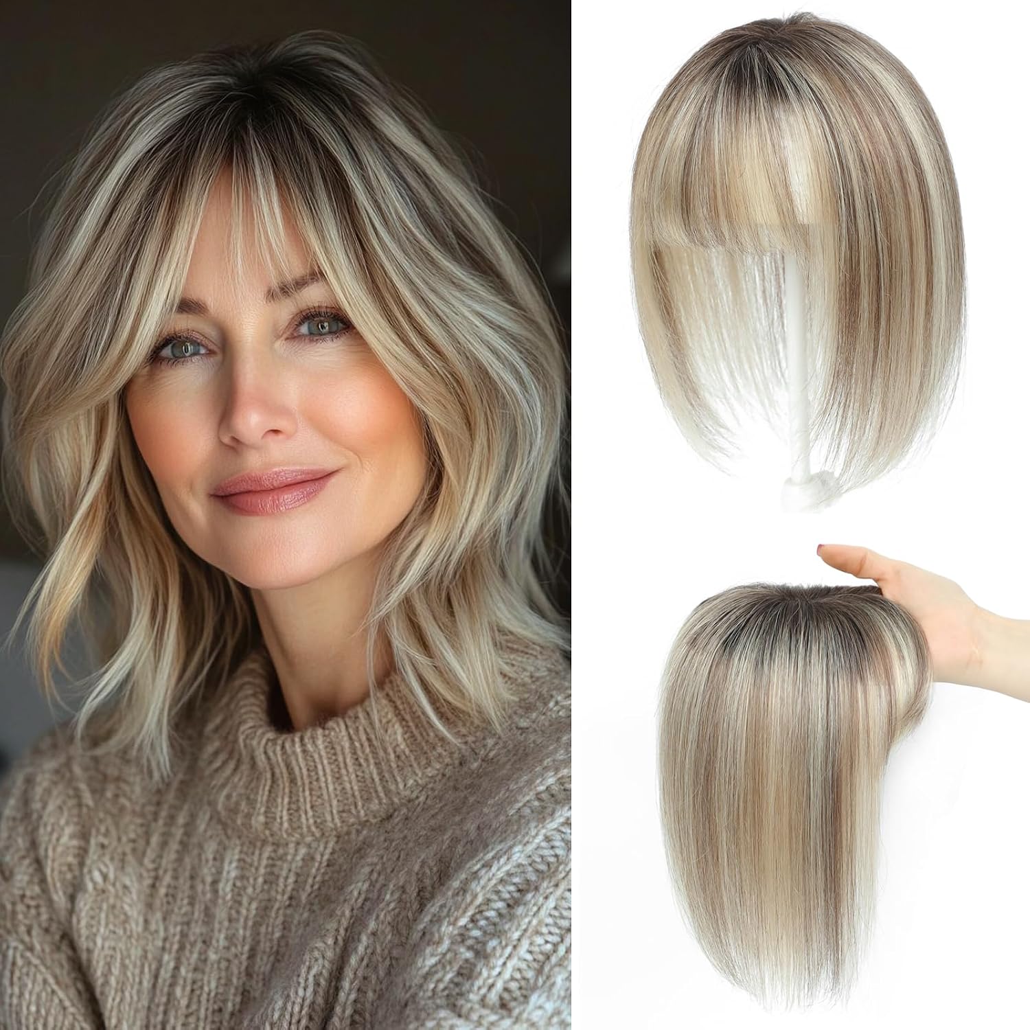 YAMI Hair Toppers for Women Real Human Hair Toppers with Bangs (Medium Brown Mix Blonde with Dark Brown Root)