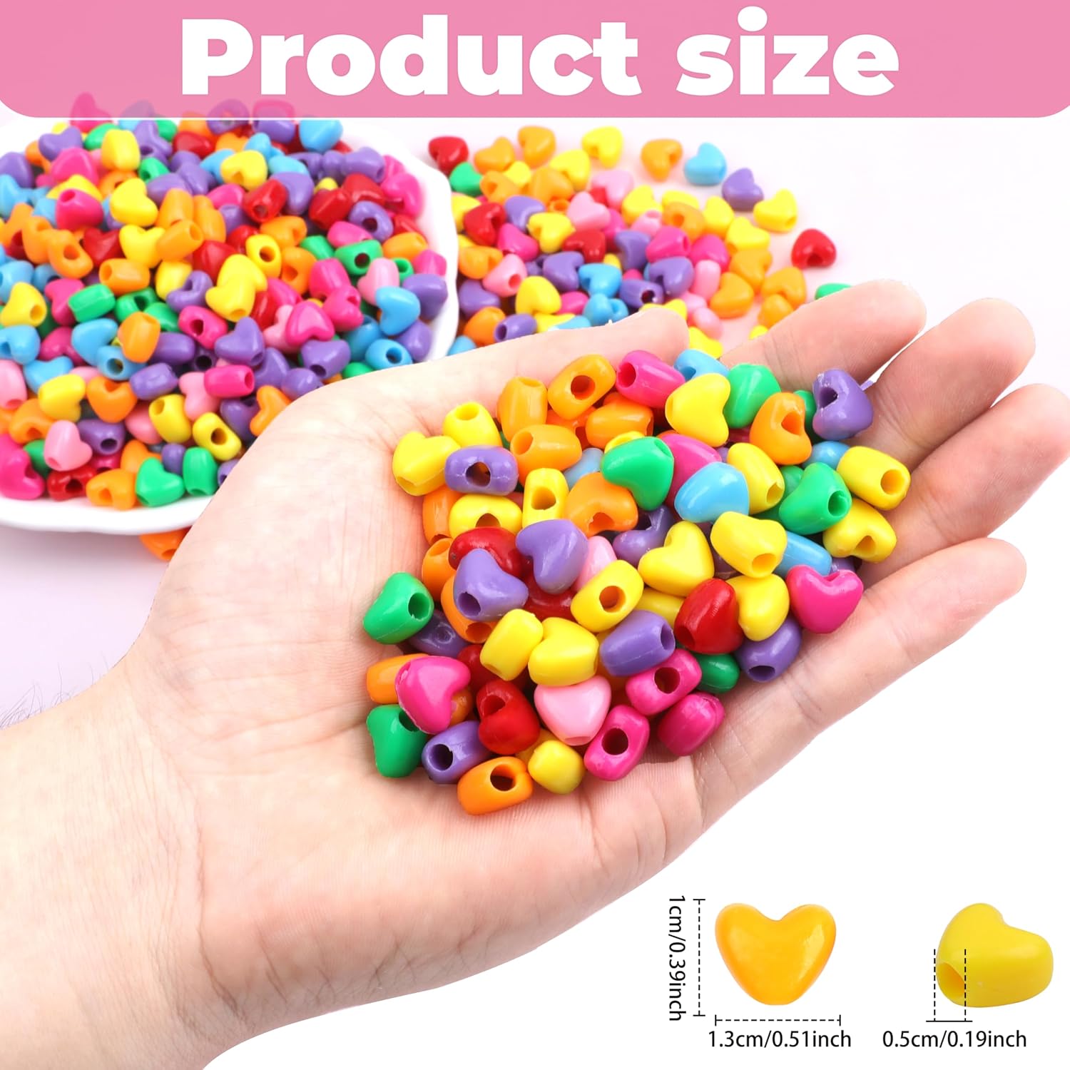 1000Pcs Heart Pony Beads, Heart Shape Spacer Beads, Rainbow Beads Bulk, Large Hole for Party Decorate, Jewelry Making, Necklace, Friendship Bracelets, Hair Beads for Valentine's Party image 2