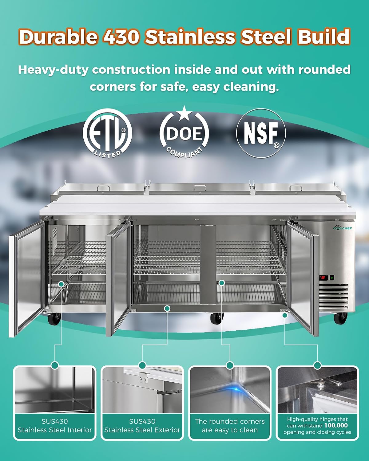 69" Stainless Steel Pizza Prep Table with Refrigerated Base, NSF & ETL Certified, R290 Refrigerant, Digital Temperature Control, Removable Salad Bar Cover, 50mm Insulation Commercial Kitchen Equipme