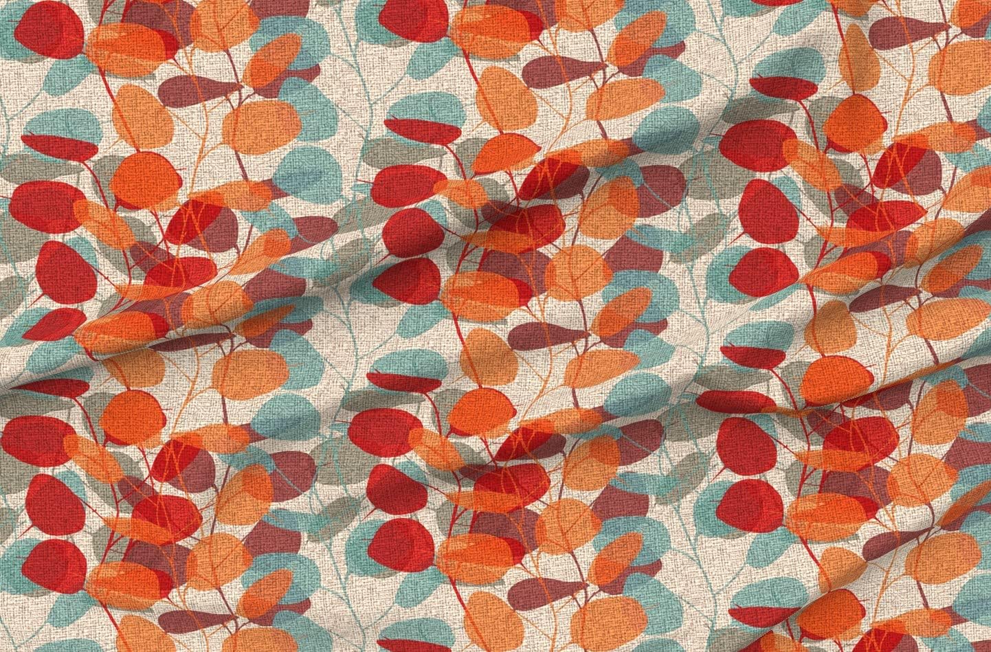 Spoonflower Fabric - Botanical Leaves Faux Textured Red Brown Floral Nature Orange Branches Printed on Organic Cotton Sateen Fabric by The Yard - Sewing Quilting Apparel Home Decor