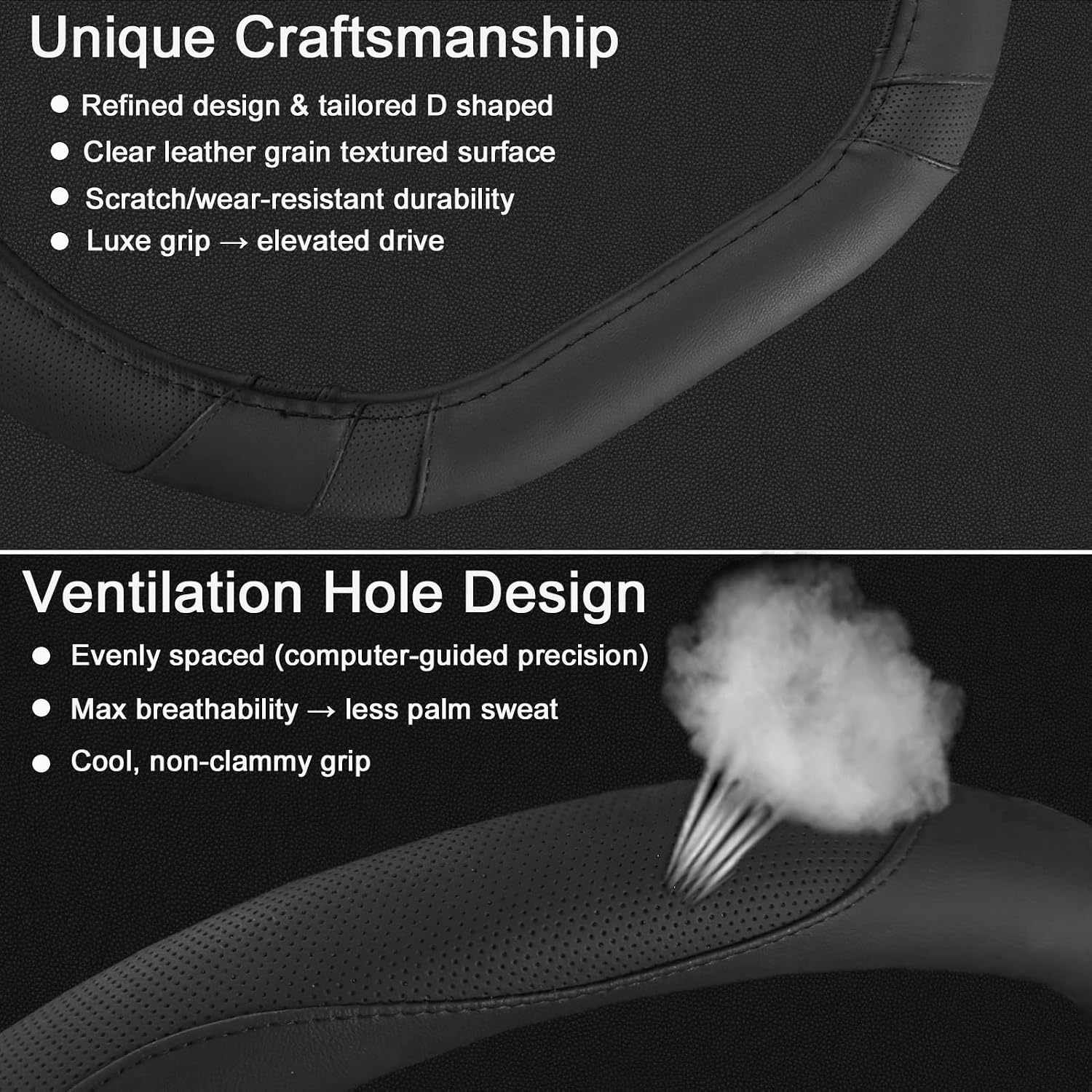 Flat Bottom Car Steering Wheel Cover for Nissan Rogue/Altima/Kicks/Maxima| Non-Slip Grip & D Shaped Design for Nissan Rogue Altima Kicks 14.5-15" Steering Wheels (Black-Standard Size)