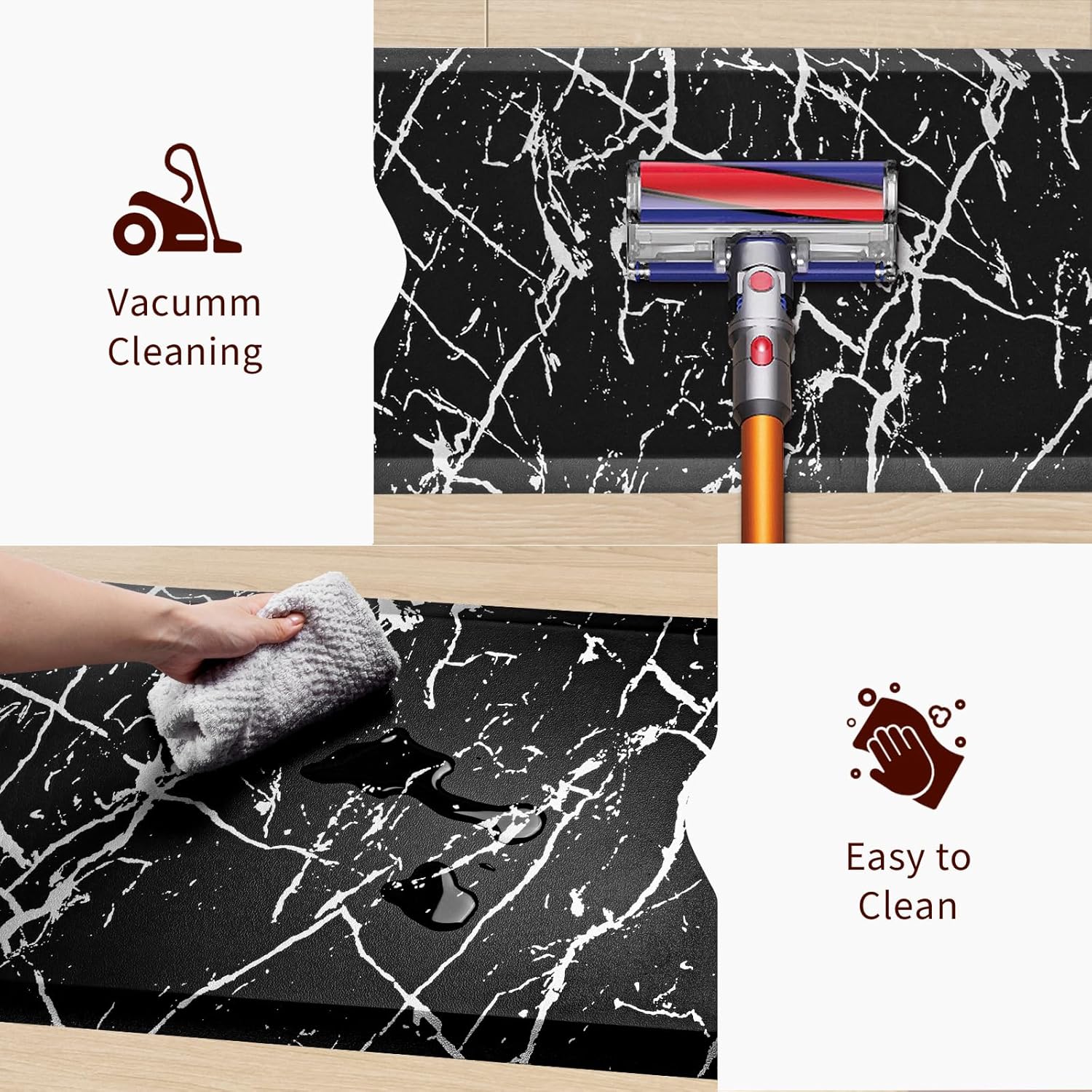 UKISS marbling Kitchen Rugs, Cushioned Kitchen Mats, Anti Fatigue Mat for Floor, Waterproof Kitchen Rug，Non-Slip Comfort Standing Mat for Kitchen&Office (Black, 17.3 x 28 inches+17.3 x 47inches)