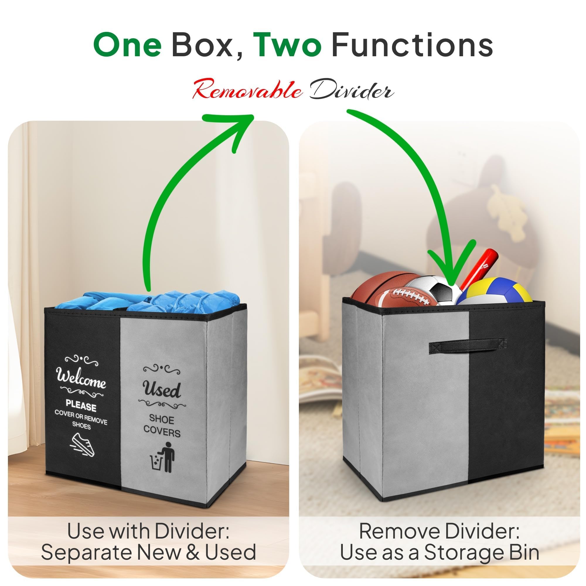 Caja grande de 2 compartimentos para zapatos, color negro y gris, suministros para agentes inmobiliarios, caja dispensadora de cubierta de zapatos desechable para casa abierta, contenedor de 3
