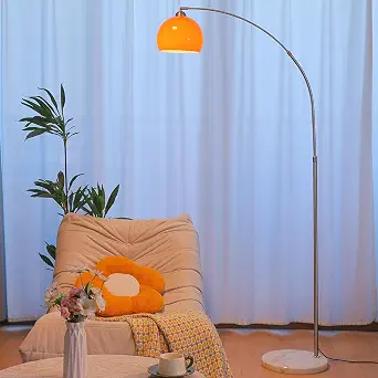 Orange Arc Floor Lamp with Glass Shade, Mid Century Modern Style, Adjustable Height & Reach, Brushed Nickel Finish, Marble Base