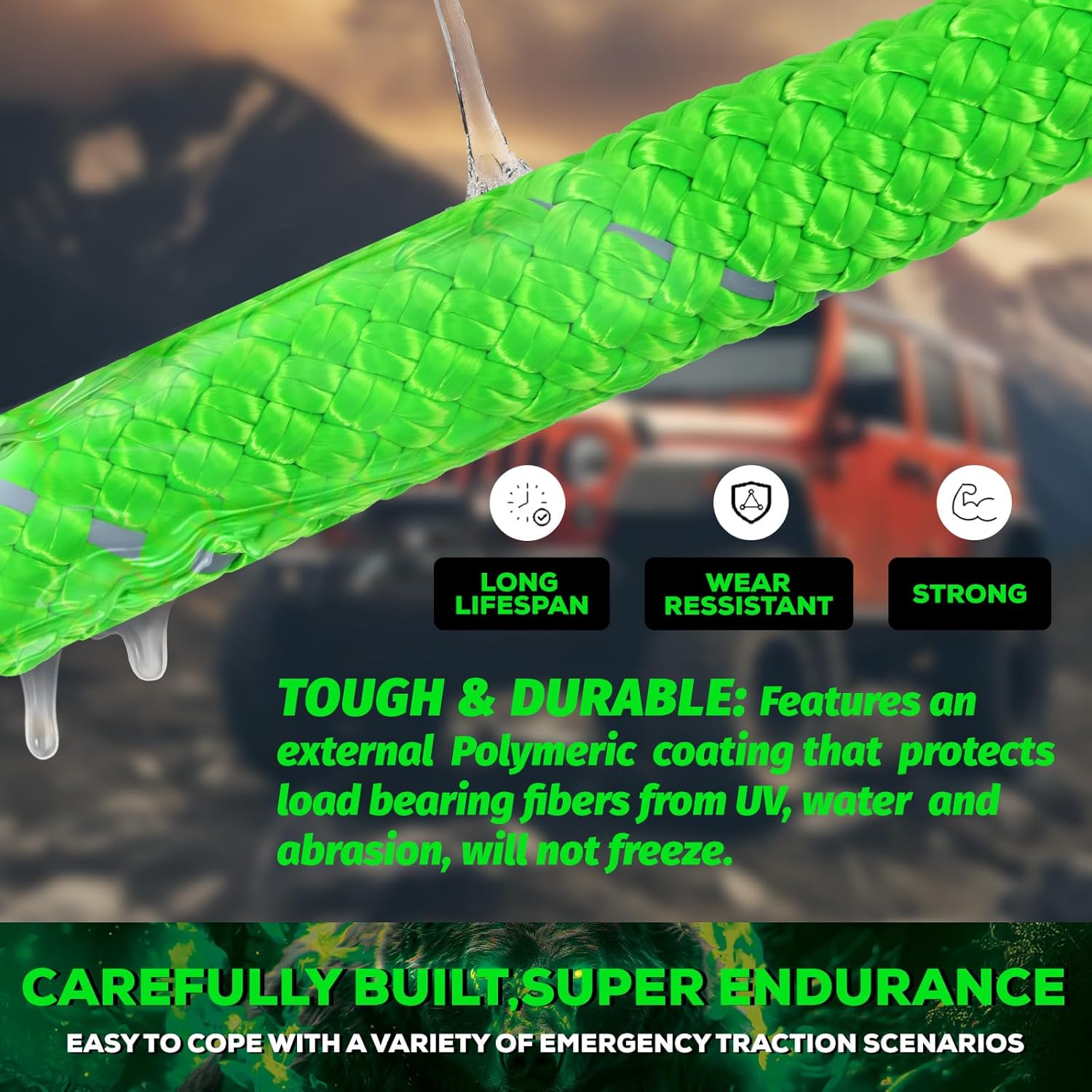 Heavy-Duty Kinetic Recovery Rope Kit – 86,000lbs, 1.5in x 30ft – Includes 2 Ultra-Strong UHMWPE Soft Shackles – 35%+ Elasticity for Off-Road Recovery, Towing & Emergency Use (Reflective)