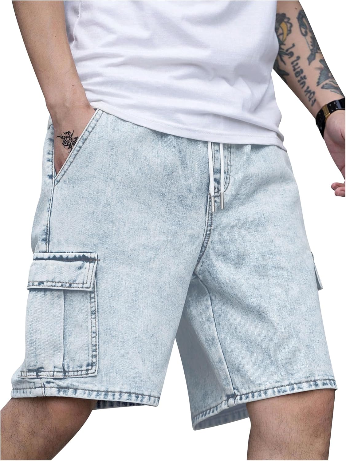 OYOANGLE Men's Drawstring Elastic Waist Flap Pocket Straight Cargo Jean Denim Shorts