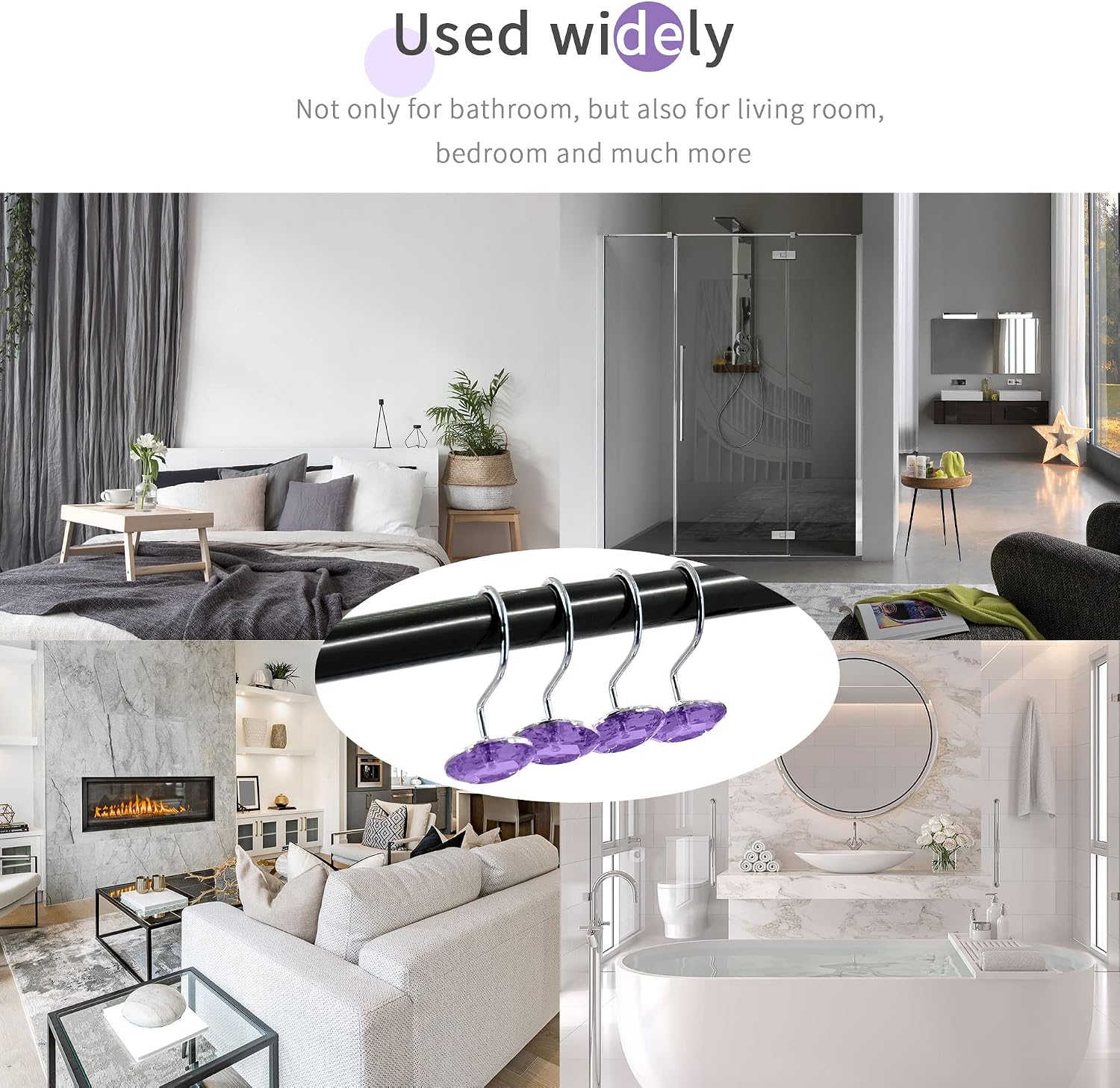 Purple Diamond Crystal Bling Shower Curtain Hooks Rings for Bathroom,12PCS