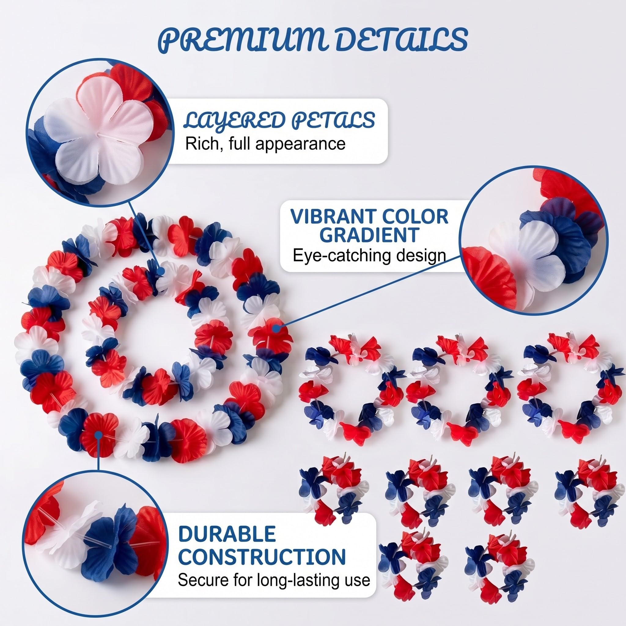Lot de 12 Colliers Hawaiens Fleurs Bleu Blanc Rouge, 3 ensembles de 4 pièces (collier, bandeau, bracelets) pour supporters, accessoire de fête pour matchs de football et soirées à thème France
