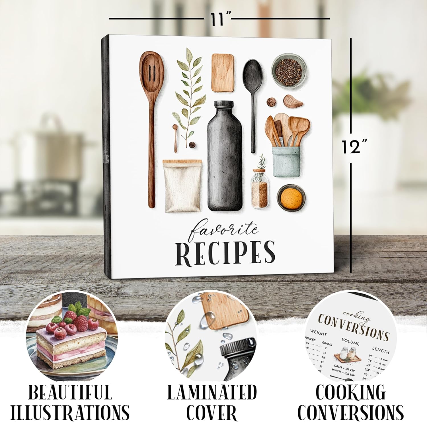 Large Kitchen-Themed Recipe Binder – 11.5” x 12” | Includes 25 Clear Plastic Protective Pages, 25 Recipe Sheets, 12 Dividers | Black with Kitchen Utensils Design
