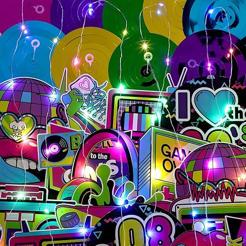 Miniatura 5 de Skyygemm 56 piezas de decoraciones colgantes de los años 80 con luces de vuelta a los 80, remolinos colgantes retro, recortes de papel de hip hop,