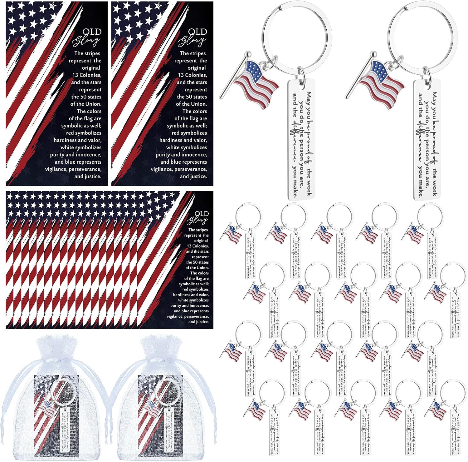 Sureio 4th of July 250th Anniversary Patriotic Gift Bulk American Flag Keychain with Card Organza Bag Memorial Day Gift