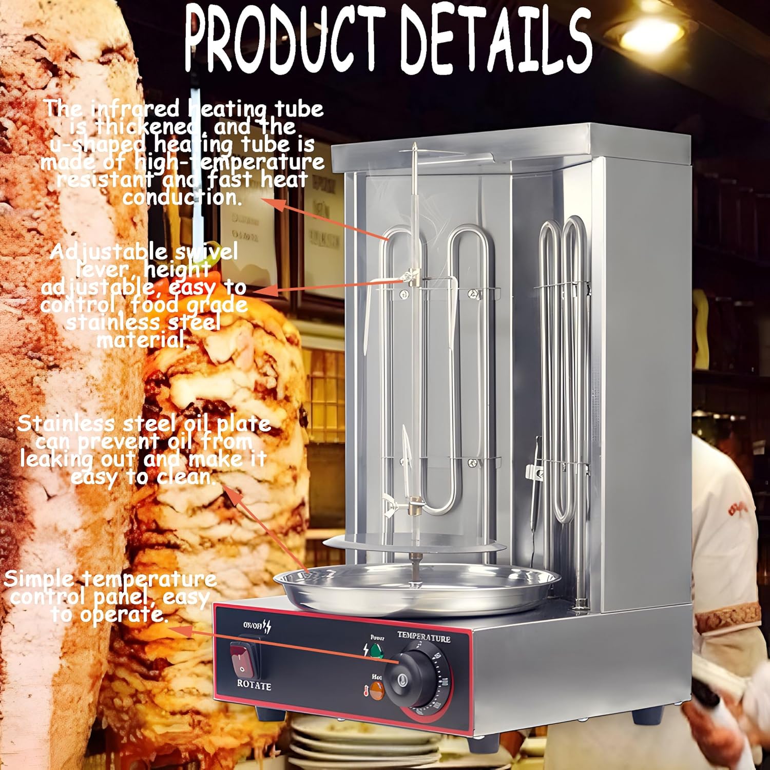 Electric Shawarma Grill Machine Vertical Broiler Gyro Machine Rotating Doner Kebab Machine with 2 Burners for Home Restaurant Kitchen Parties