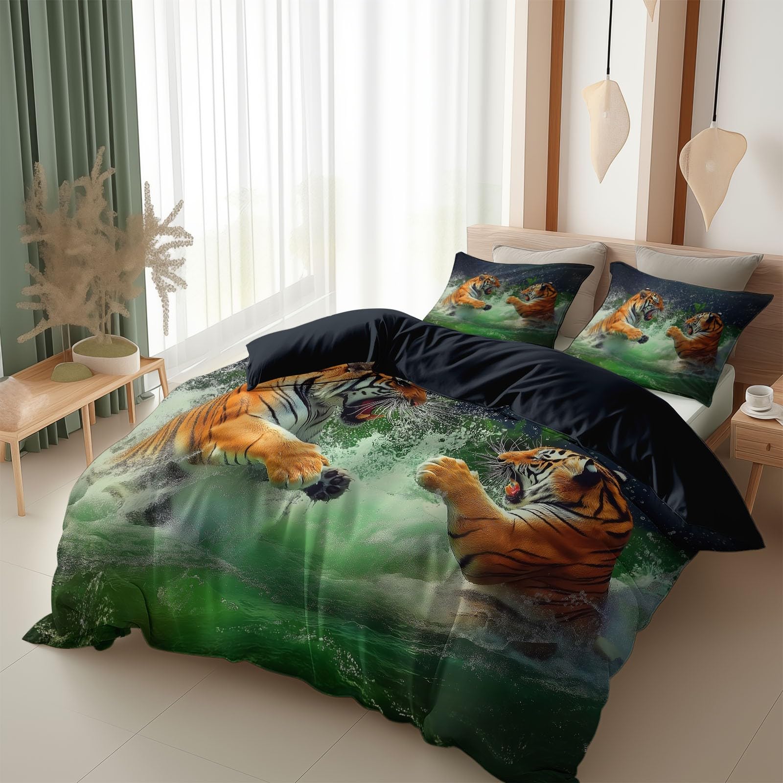 Générique Zielona poszwa na kołdrę 220x240 cm Zestaw pościeli z krajobrazem leśnym, tygrys zwierzę odwracalna wodospad poszwa na kołdrę - miękka i oddychająca antyalergiczna pościel z 2 poszewkami na