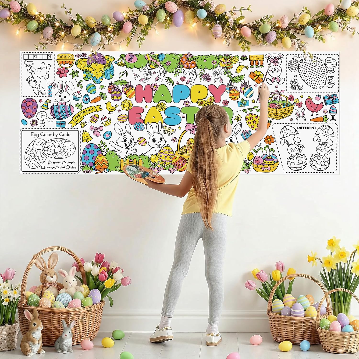 Large Happy Easter Coloring Table Cloth - Giant Spring Rabbits Flower Coloring Poster, Jumbo Funny Paper Tablecloth Cover Banner for Easter Decorations Party Supplies Gifts Favors Crafts, 30 x 72 Inch - Image 7