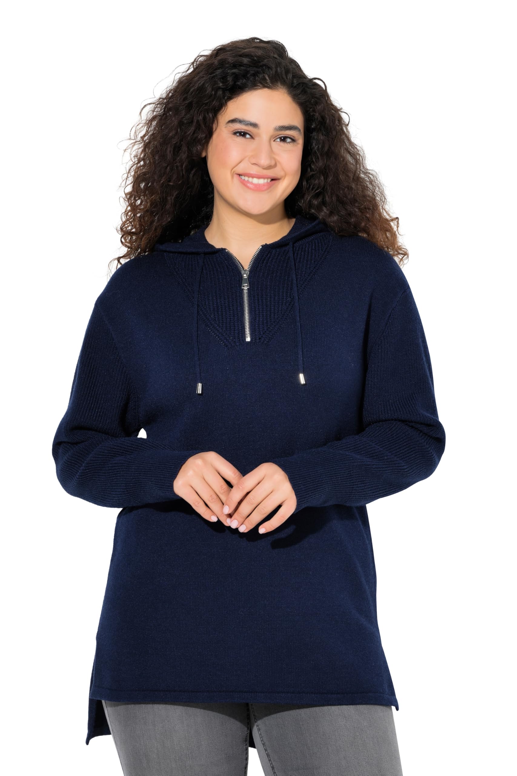 Ulla Popken Damen große Größen Übergrößen Plus Size Strick-Hoodie, Zipper, Kapuze, Langarm, hinten länger 842035