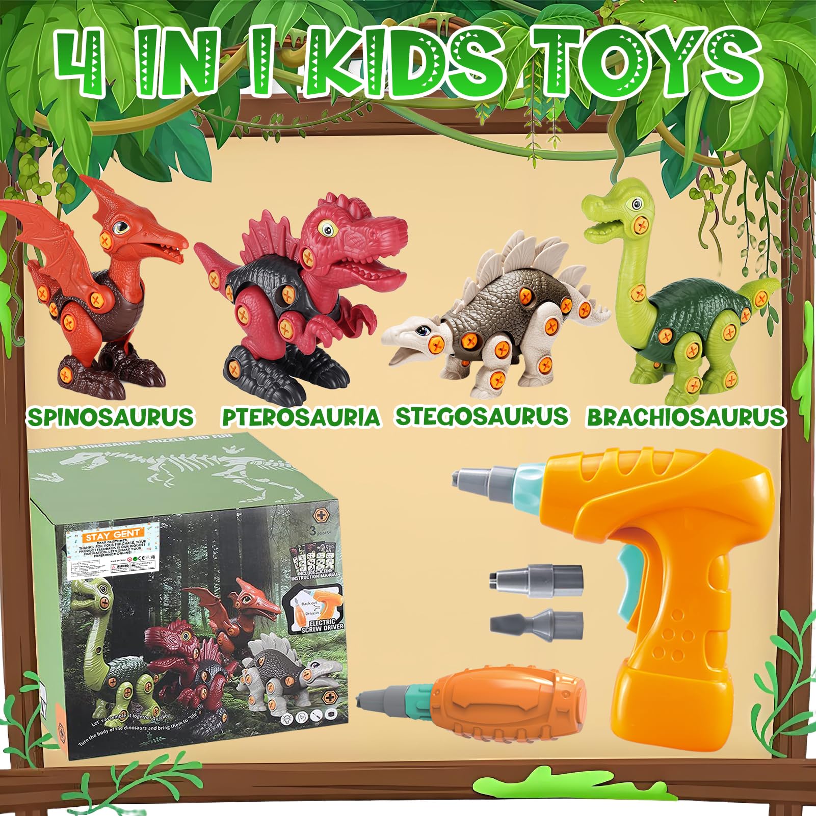 STAY GENT Zabawka dinozaurów z wiertarką elektryczną dla dzieci, 4 sztuki STEM, edukacja, prezenty dla chłopców i dziewczynek, 3, 4, 5, 6, 7 lat