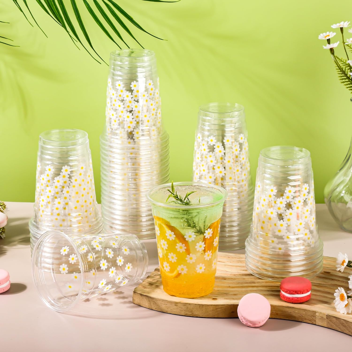AimFun 100 Pcs Clear Daisy Plastic Cups 12 oz Disposable Flower Drinking Cups for Boho Hippie Birthday Party Baby Shower Wedding Decorations Party Supplies