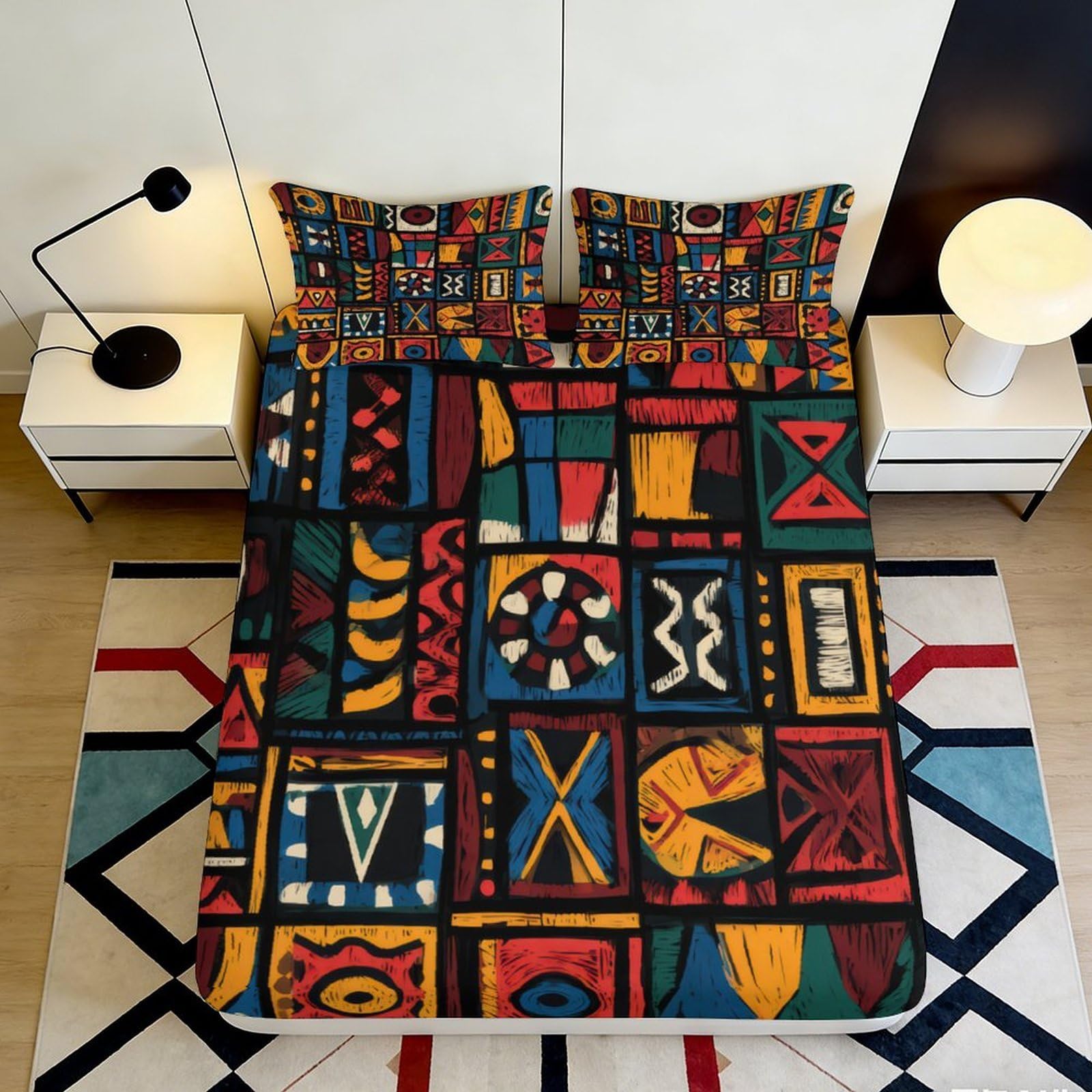 3D Printed Tribal Geometric Fitted Sheet Microfiber Soft Breathable Abstract Patchwork Mattress Cover for Bedroom Dorm Decor 120x200x25cm